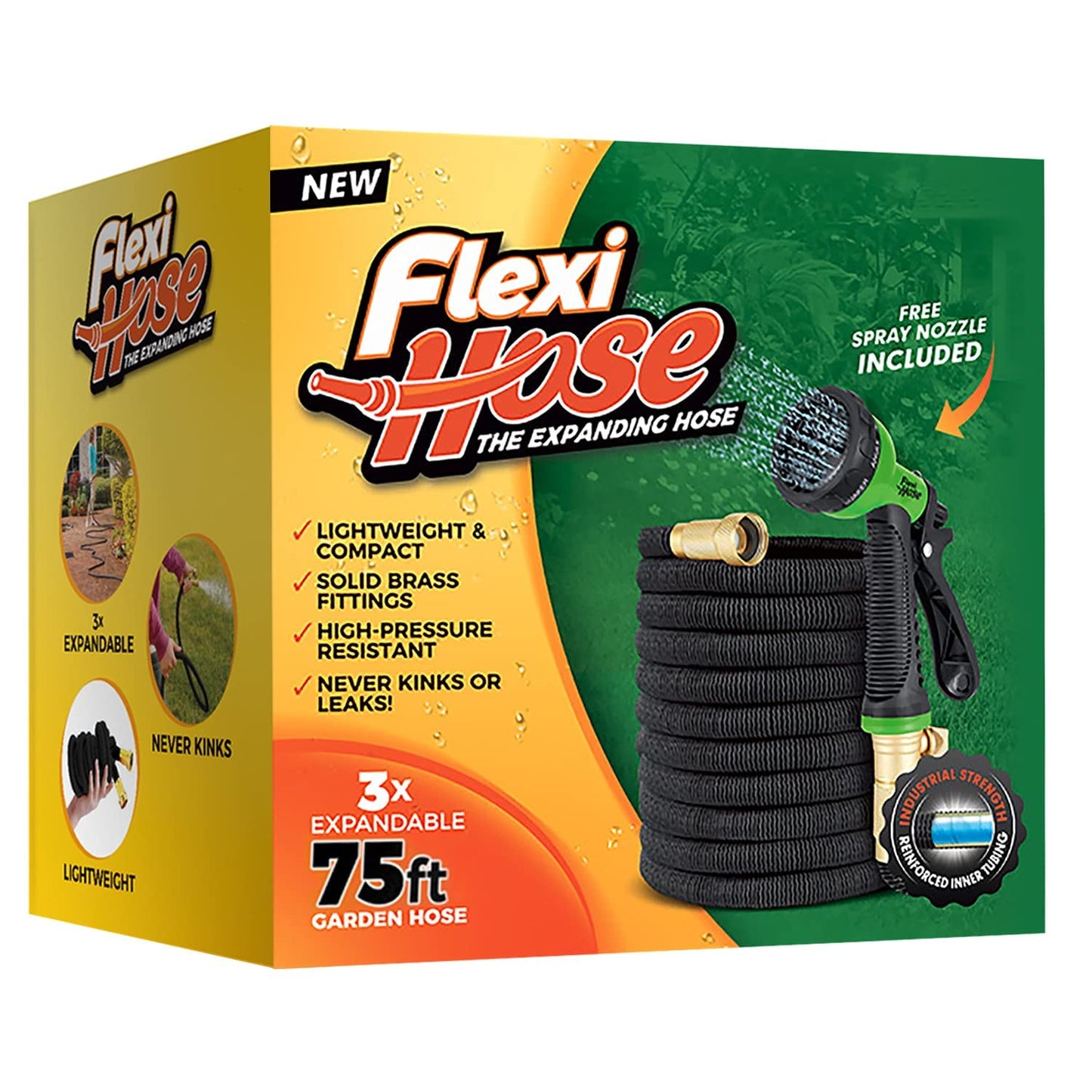 Flexi Hose with 8 Function Nozzle Expandable Garden Hose, Lightweight & No-Kink Flexible Garden Hose, 3/4 inch Solid Brass Fittings and Double Latex Core, 75 ft Black