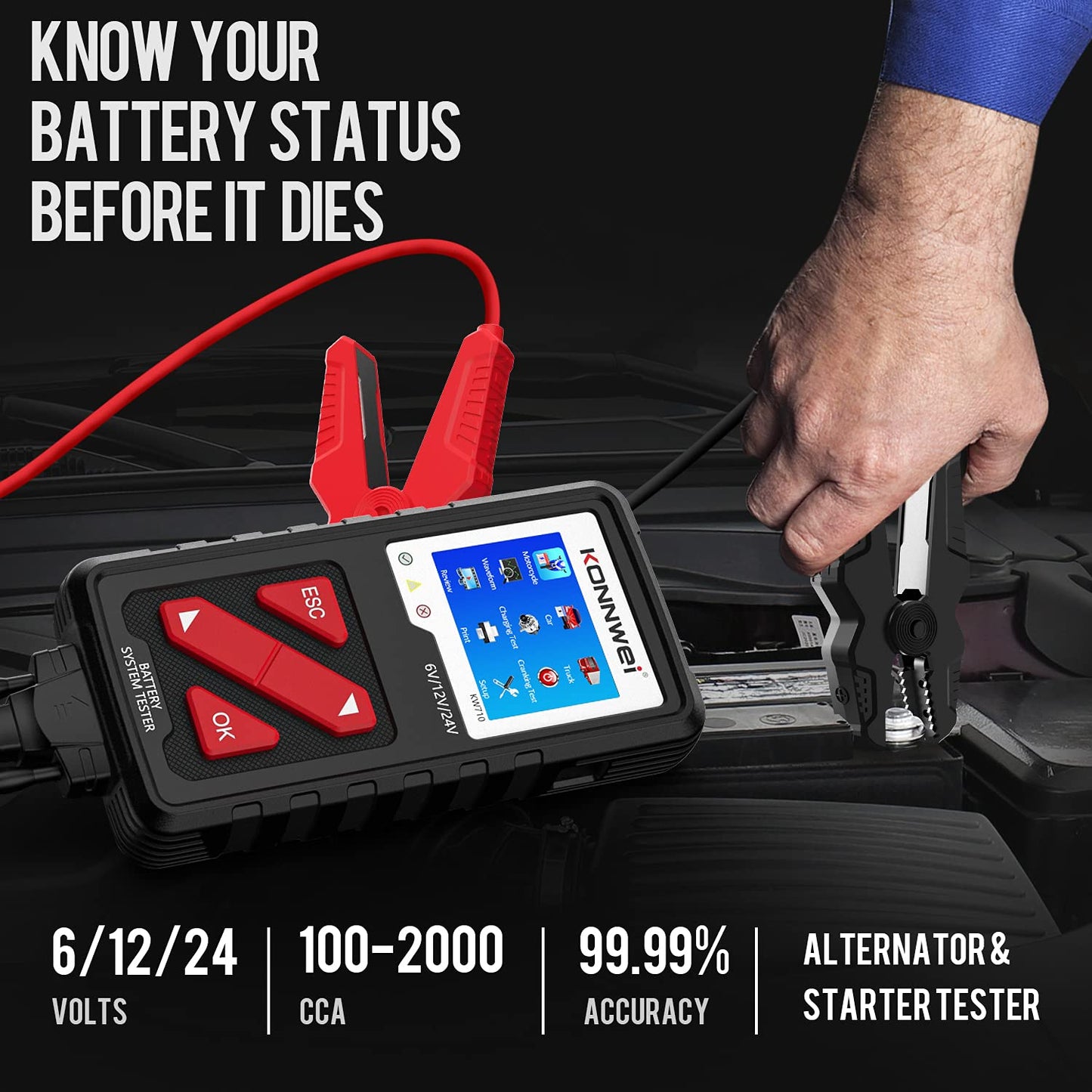 KONNWEI KW710 Car Battery Tester 6V 12V 24V, Battery Load Tester Automotive 100-2000CCA Digital Auto Battery Analyzer Alternator Starter Tester for Car Truck Motorcycle Marine ATV SUV