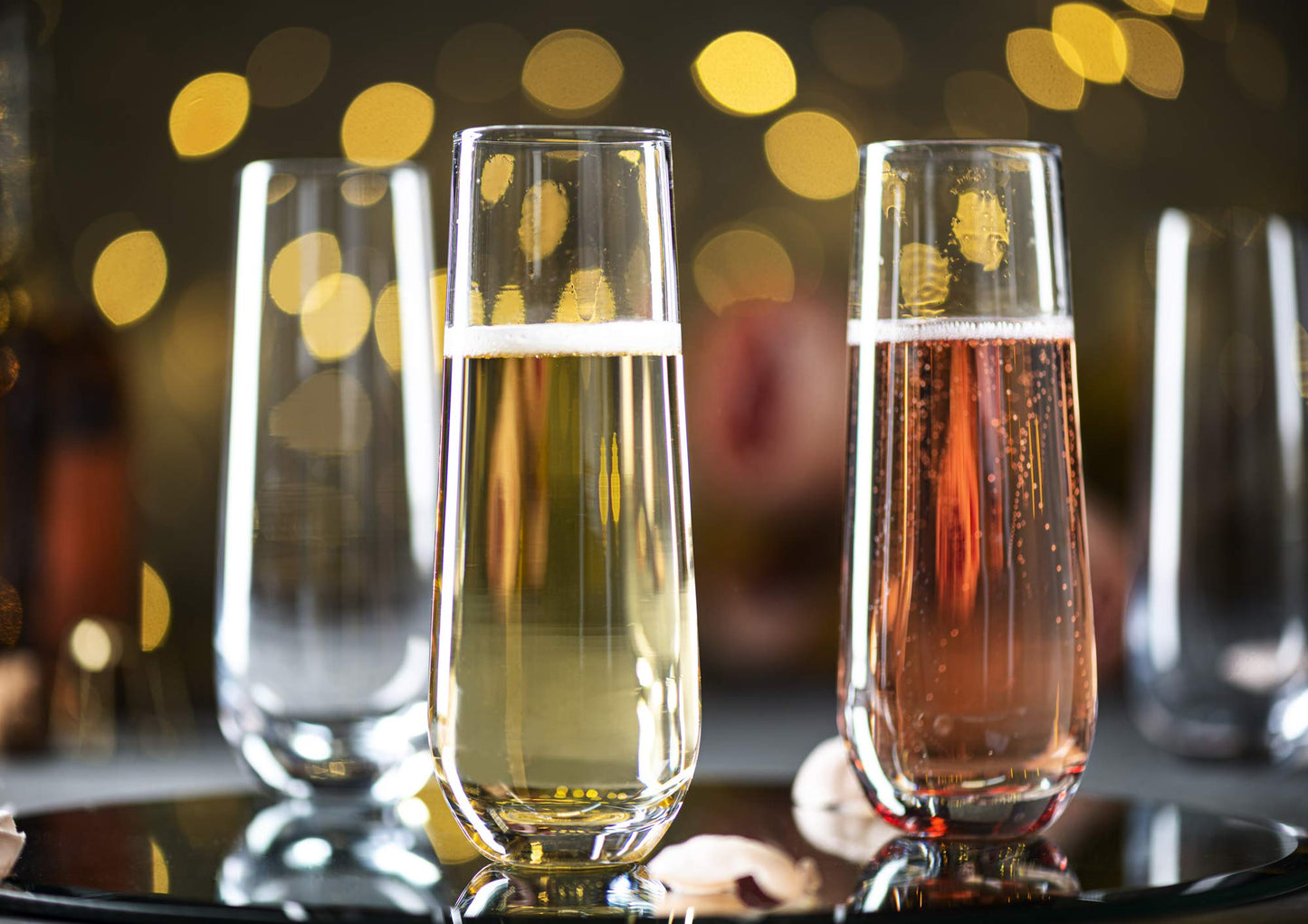 KooK Stemless Glass Champagne Flutes, Cocktail Cups for Rose, 9.4 oz (Classic Set of 4) Prosecco, Mimosa, Great for Weddings and Parties, Dishwasher Safe