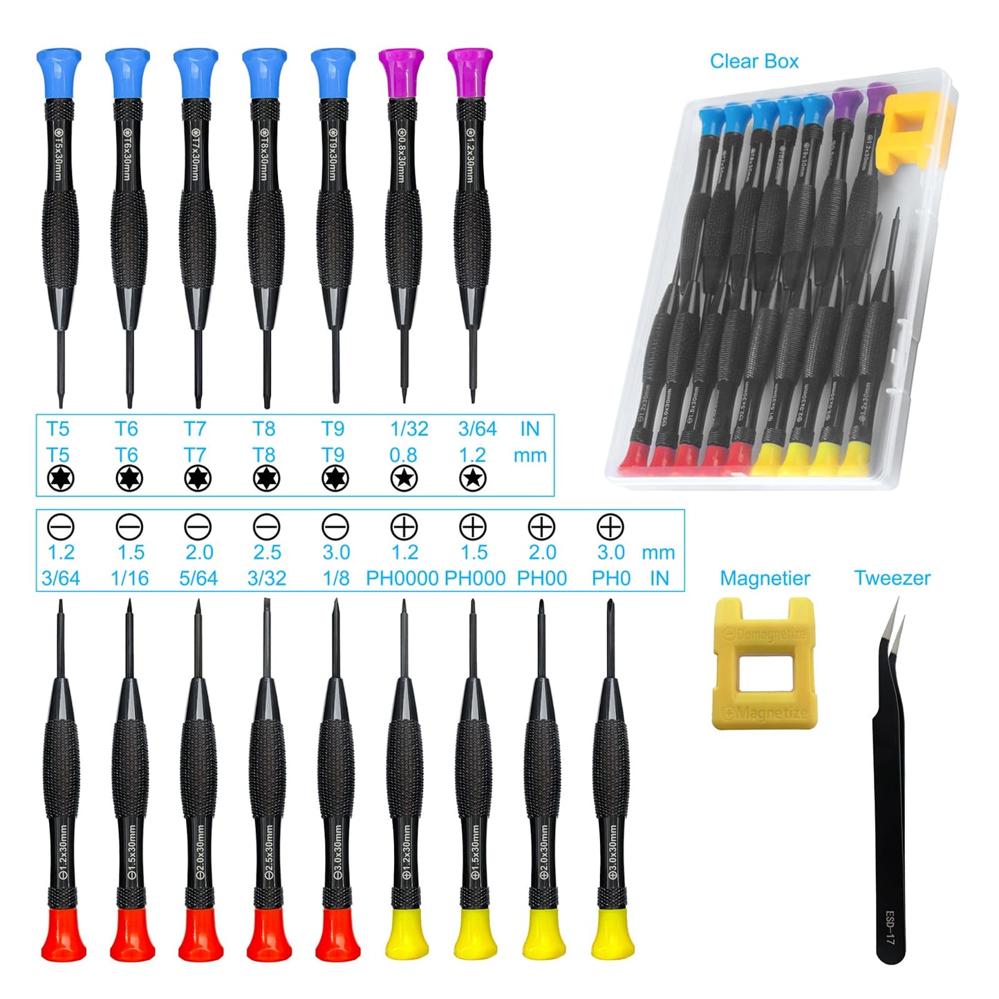 18PCS Mini Precision Screwdriver Set With Case, Lengnoyp Magnetic Small Flathead Phillips Pentalobe Torx Star Screwdriver Set Kit and Tweezers for Repairing Computer Eyeglass Phone Watch