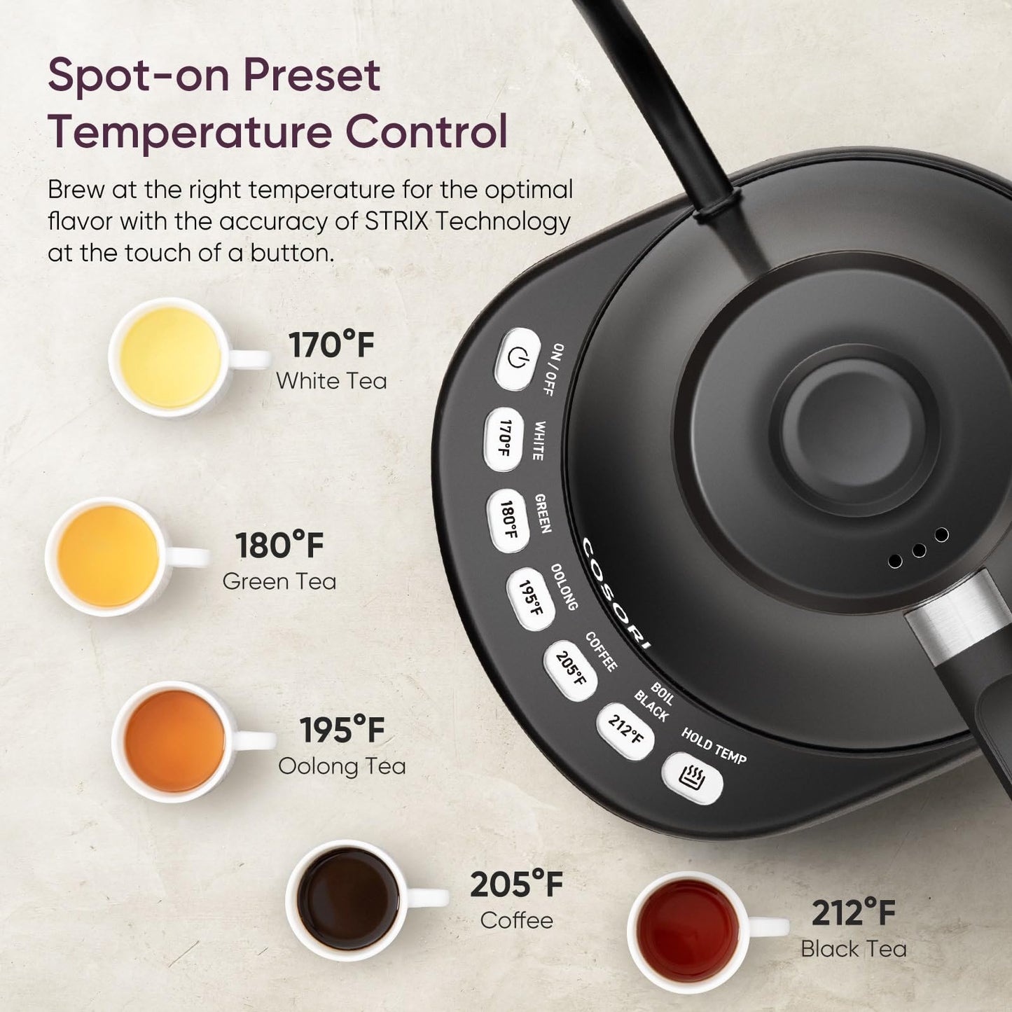 COSORI Electric Gooseneck Kettle with 5 Temperature Control Presets, Pour Over Kettle for Coffee & Tea, Hot Water Boiler, 100% Stainless Steel Inner Lid & Bottom, 1200W/0.8L