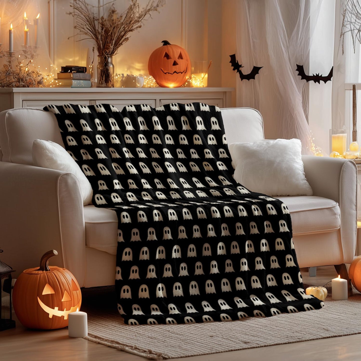 Horaldaily Halloween Flannel Blanket Throw, Cute Ghost Black Soft Fuzzy Plush Cozy Fleece Blankets for Couch Sofa Bed Lounging, Ideal Gifts for Kids Adults Wife Self, 50x60