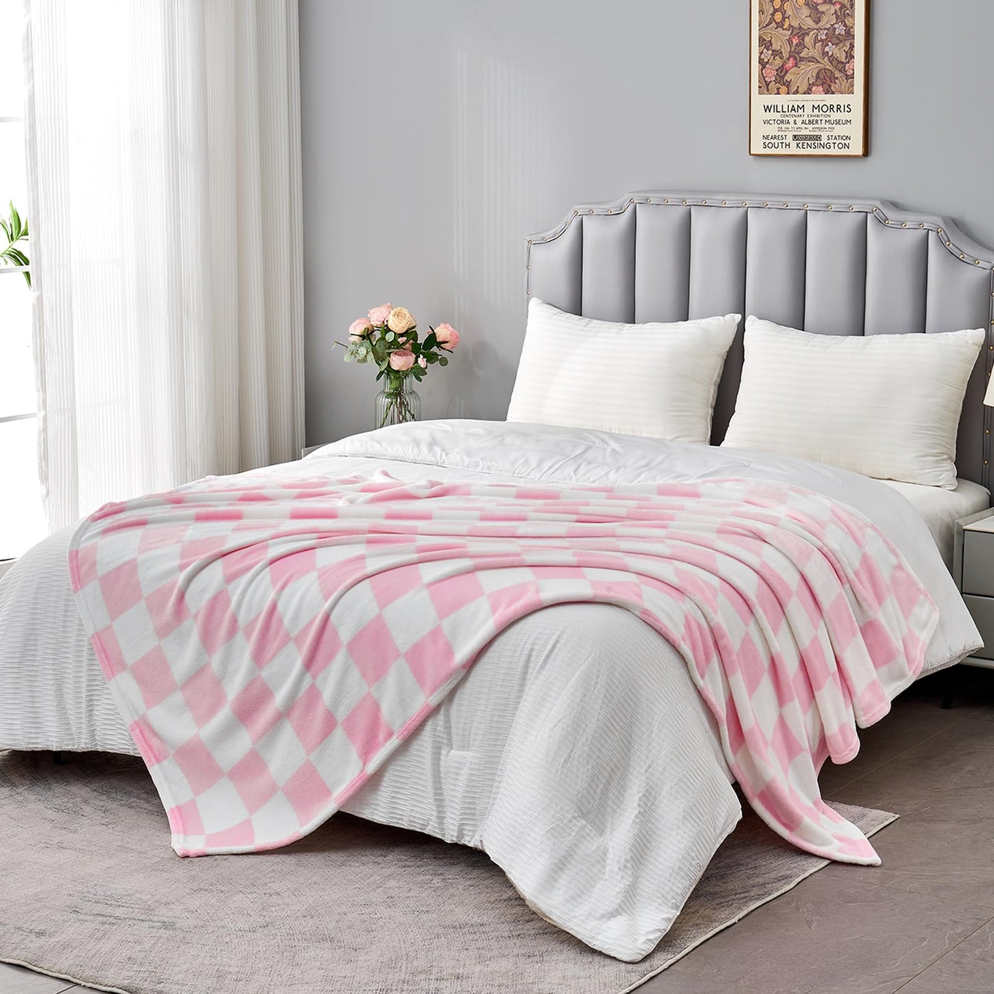 Edenleaf Pink Checkered Blanket, Soft Cozy Fleece Checkered Throw Blankets for Bed Sofa Couch Camping, Ultra Fluffy Throws for All Seasons, 50x60 Inch, Pink