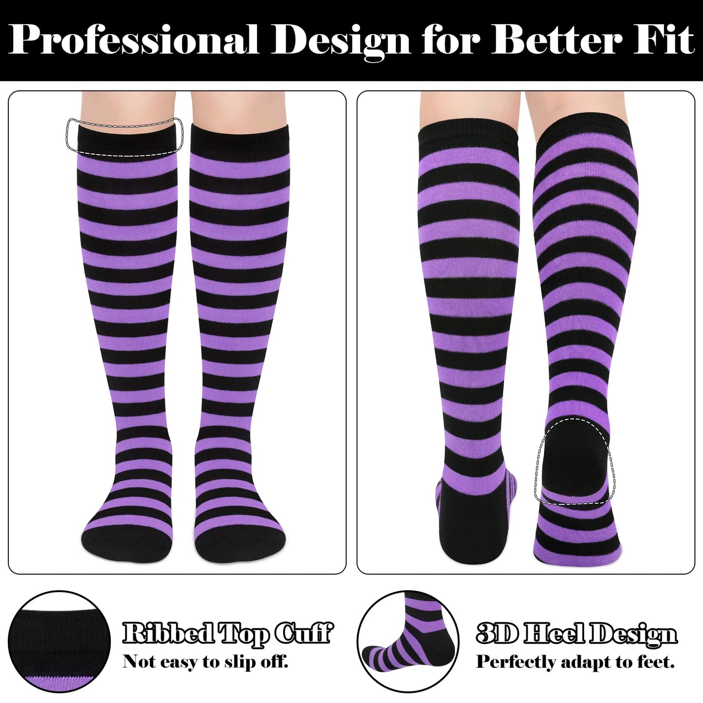 Halloween Socks Woman Halloween Knee High Socks for Women Black and White Striped Socks Purple Striped Socks Witch Socks