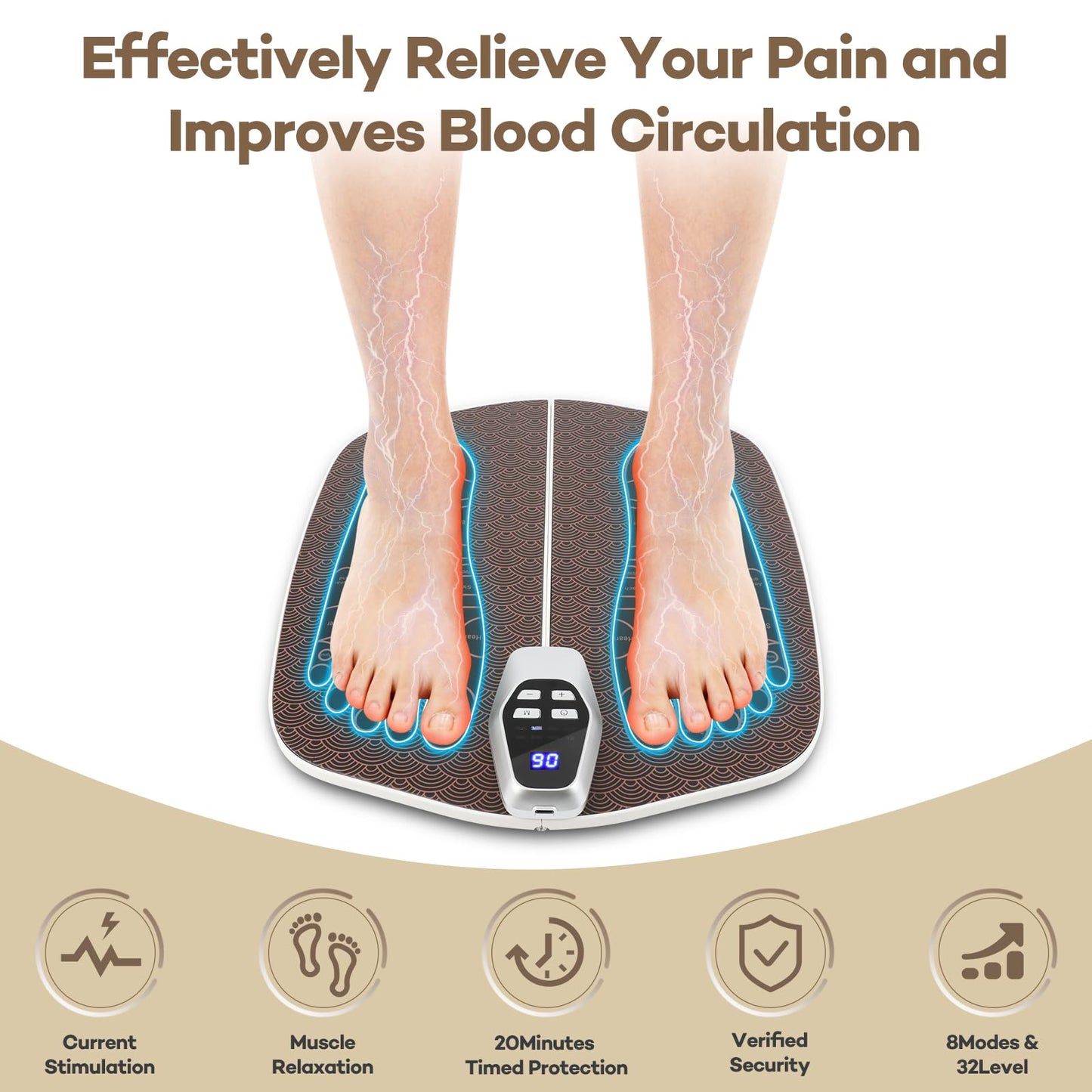 Foot Massager Mat for Neuropathy,EMS Foot Massager for Circulation and Pain Relief, Foldable Feet and Calves Massage Machine with 8 Modes and 32 Intensity Levels for Muscle Relaxation