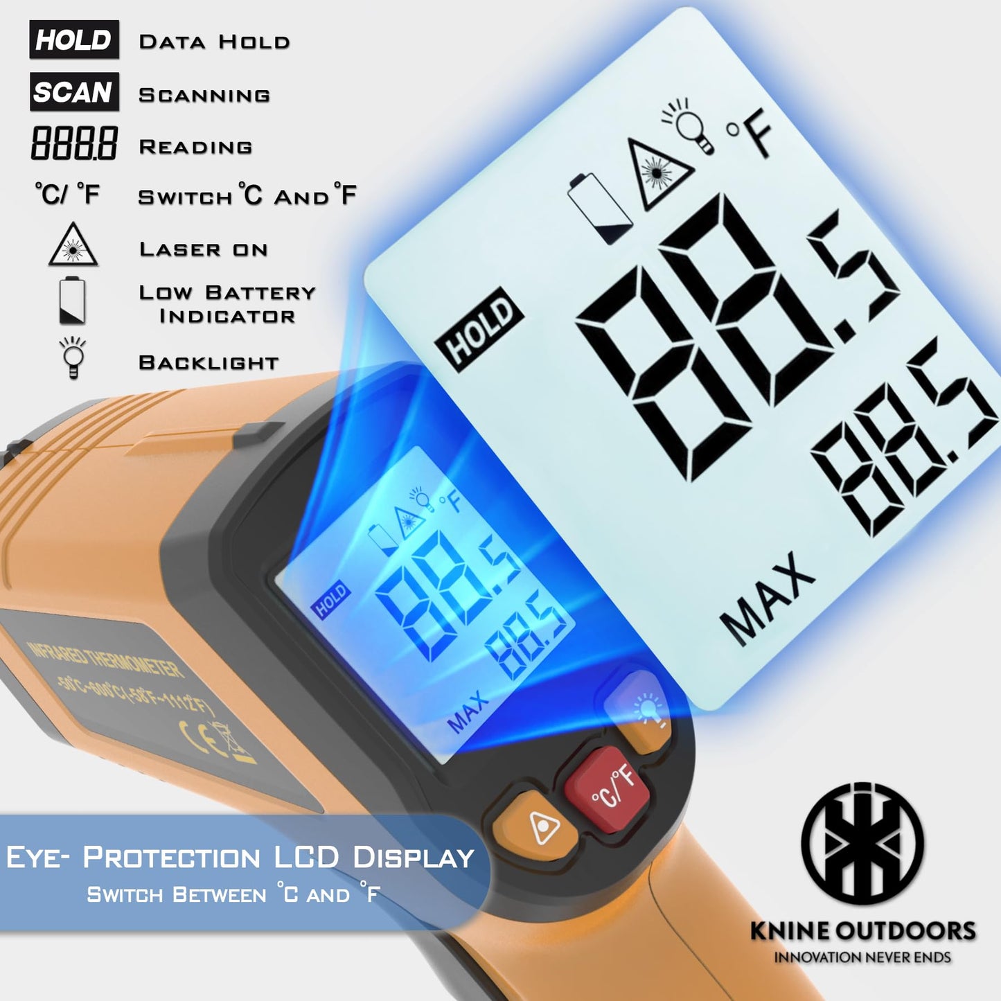 KNINE OUTDOORS Infrared Thermometer Laser Temperature Gun, -58℉ to 1112℉, Single Laser Targeting, Distance to Spot Ratio 12:1, for Cooking, Oven and Meat (Orange)