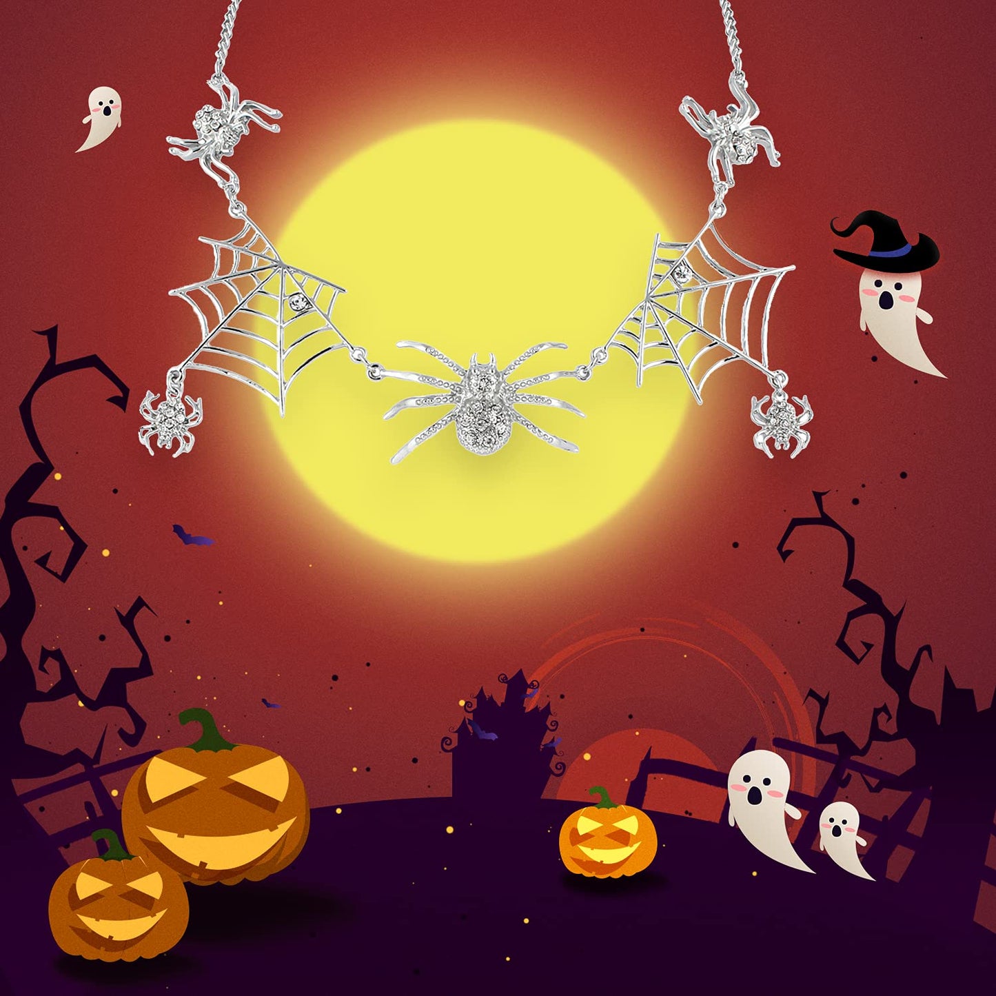 EVER FAITH Halloween Tarantula Spider Web Necklace Clear Austrian Crystal Silver-Tone