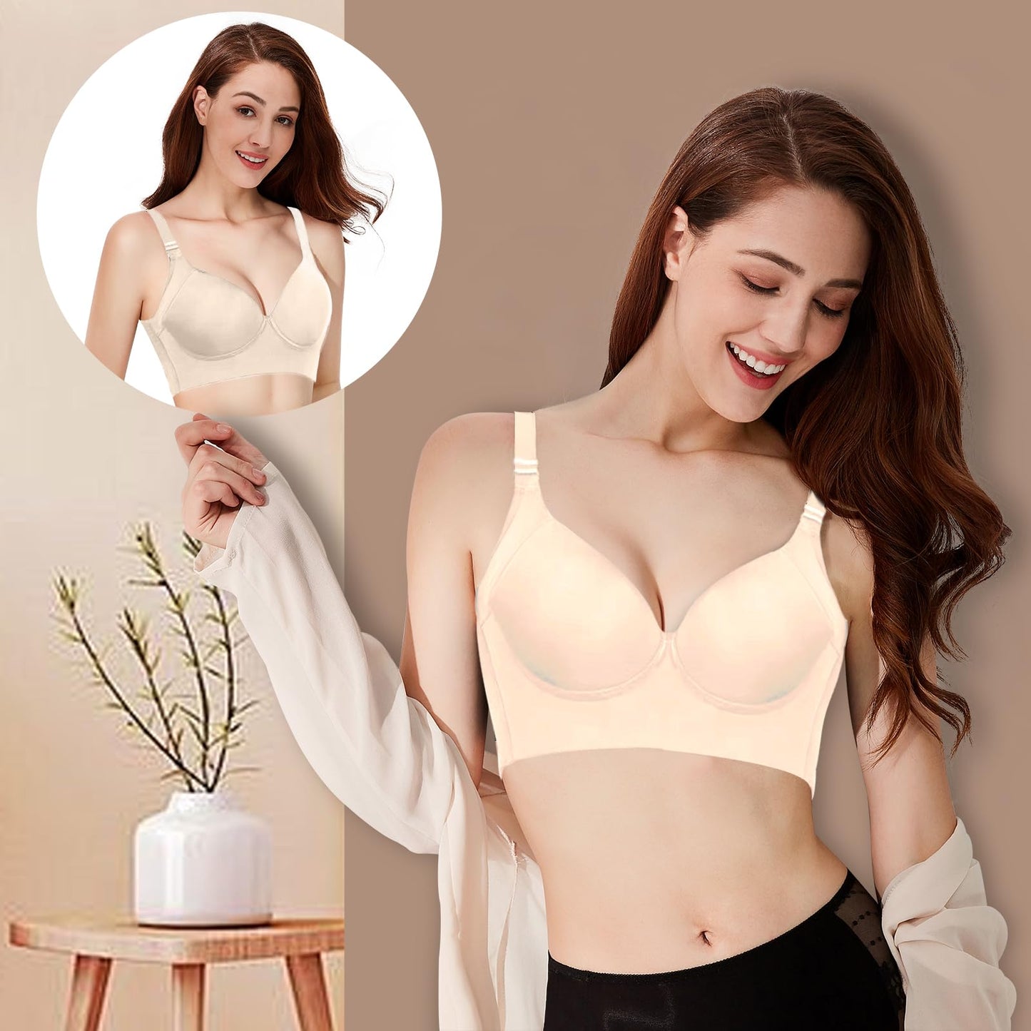 Geibiu Push up Bras for Women Deep Cup Bra Hides Back Fat Full Back Coverage Bra Plus Size(Nude 38DDD)