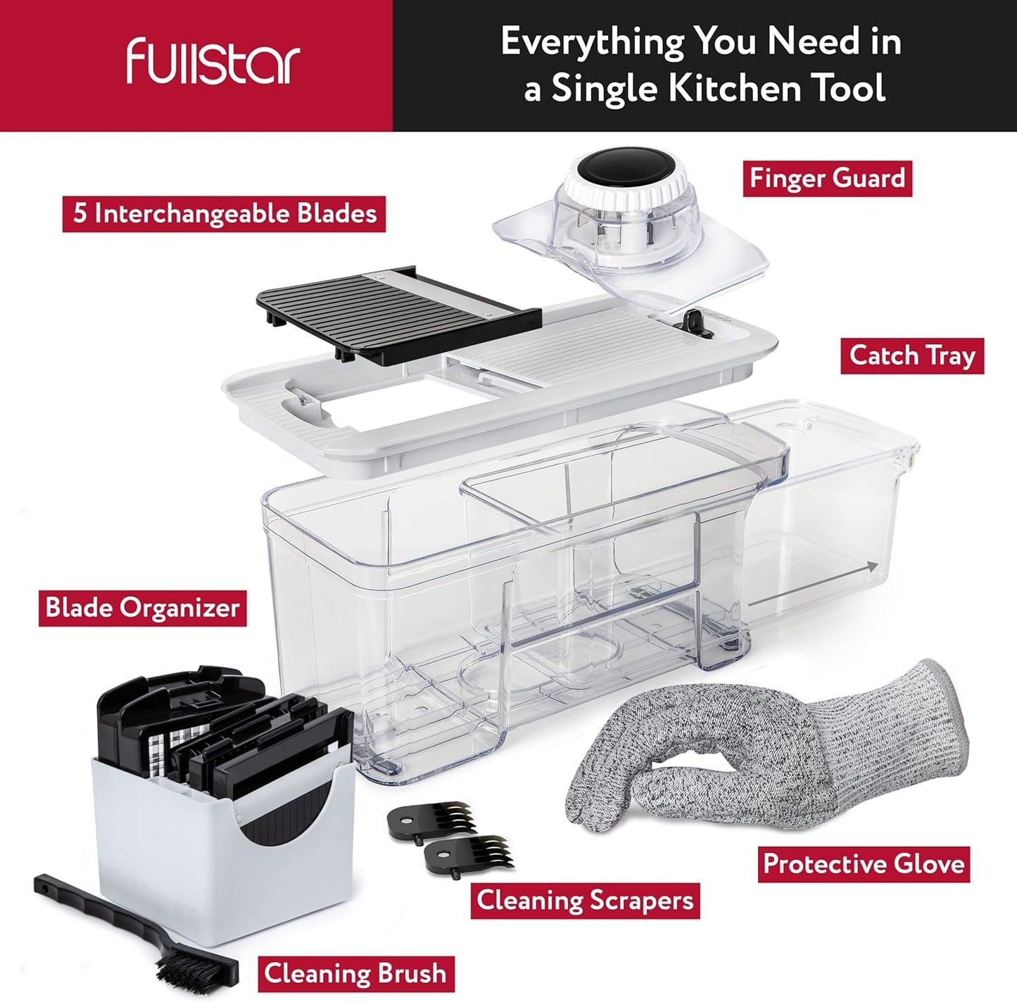 Fullstar All-in-1 Vegetable Chopper and Mandoline Slicer for Kitchen - Cheese Grater, French Fry Cutter, Cheese Slicer - Bonus Handheld Spiralizer Included (6 in 1, Black/White)