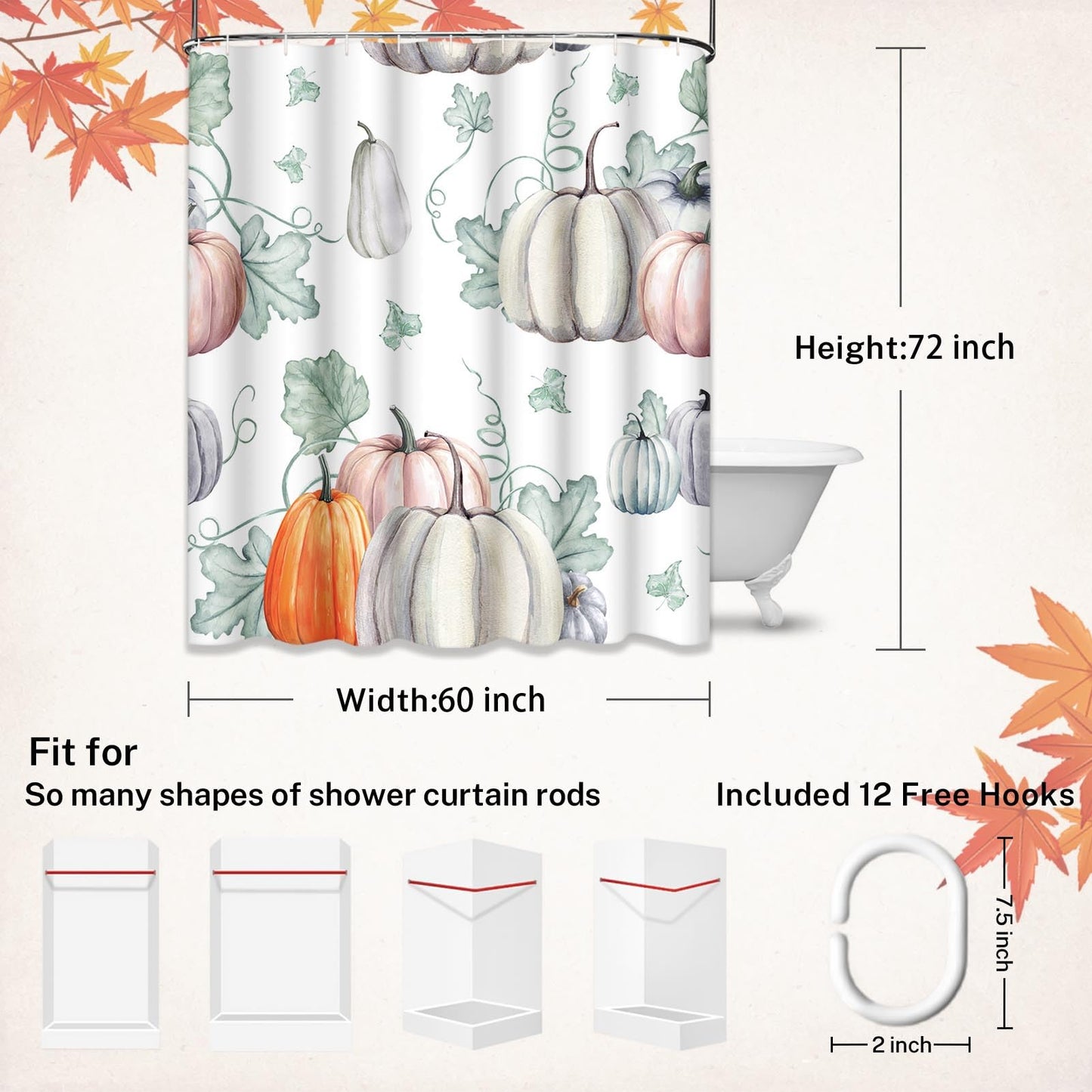 Emvency Shower Curtain Pattern Watercolor Pumpkins It is Thanksgiving Halloween Recipe Fall Bathroom Decor Waterproof Polyester Fabric 60 x 72 inches Set with Hooks