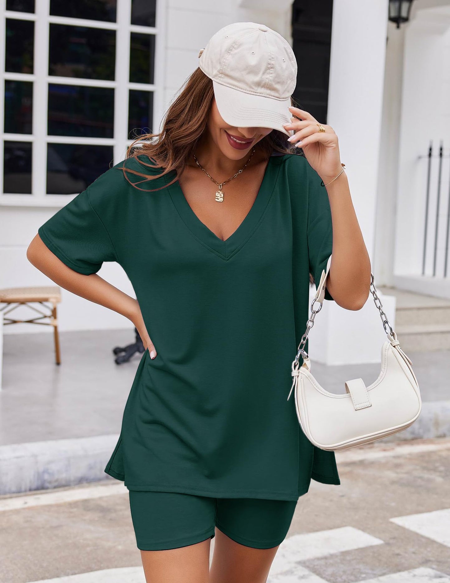 Ekouaer Womens Pajamas 2 Piece Lounge Sets Oversized V Neck T-Shirts Tops Biker Shorts Set Workout Reversible Tracksuit Lake Green, Large