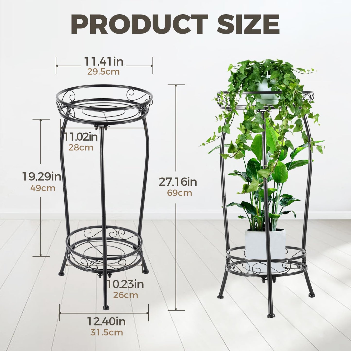 Kavlium Plant Stand Indoor Outdoor,Tall Black Metal Rustproof Stable Plant Stands,2 Tier 27.1 inch Multiple Plant Rack Holder Rack Flower Pot Stand Heavy Duty Plant Shelf