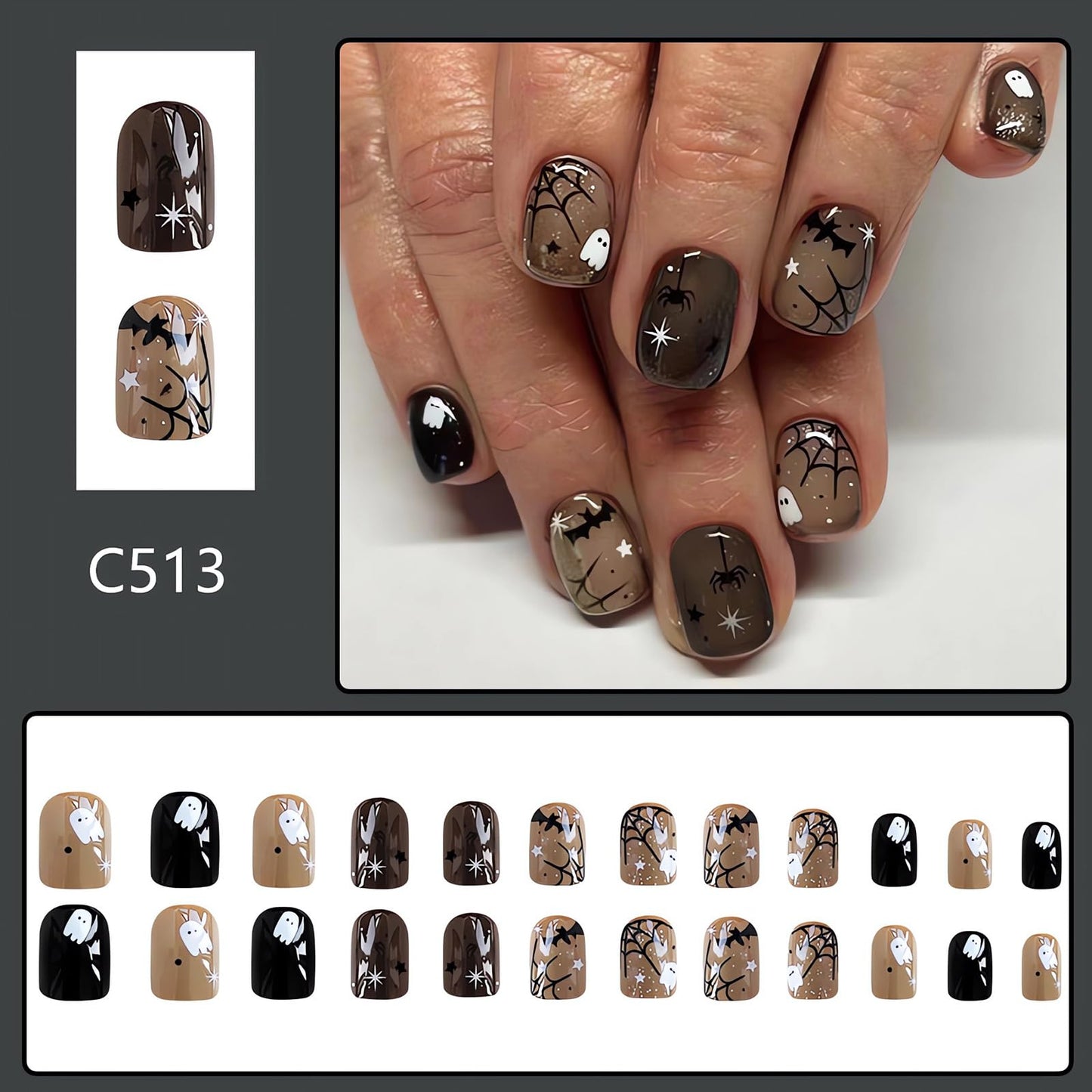24Pcs Black Halloween Nails - Short Press On, Ghost Spider Web Bat Designs, Full Cover Square False Nails, Glue On For Women