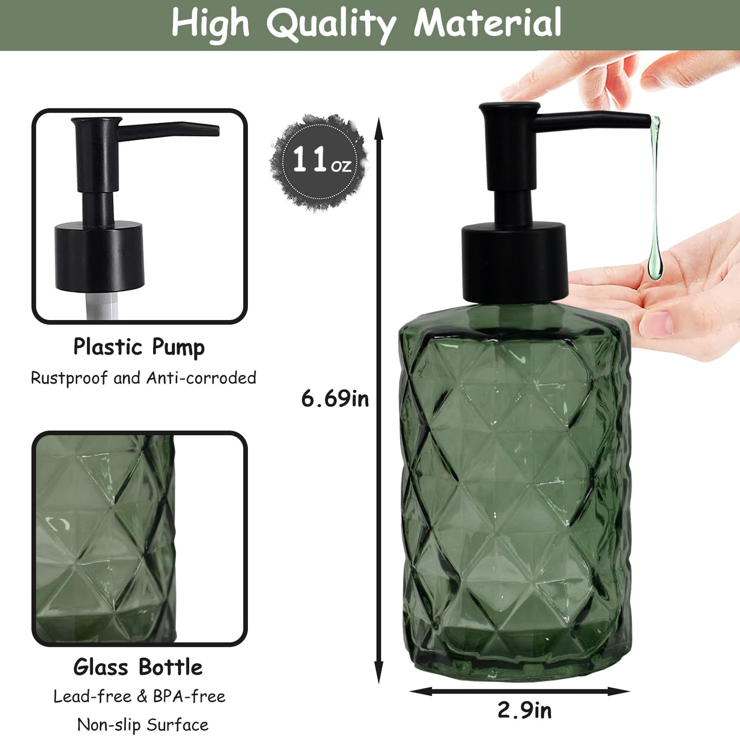 Green Glass Soap Dispenser with Black Plastic Pump, 12oz Refillable Liquid Hand Soap Dispenser, 2 Pack Crystal Lotion Bottle for Modern Home Decor, Bathroom, Kitchen Countertop, Hotel