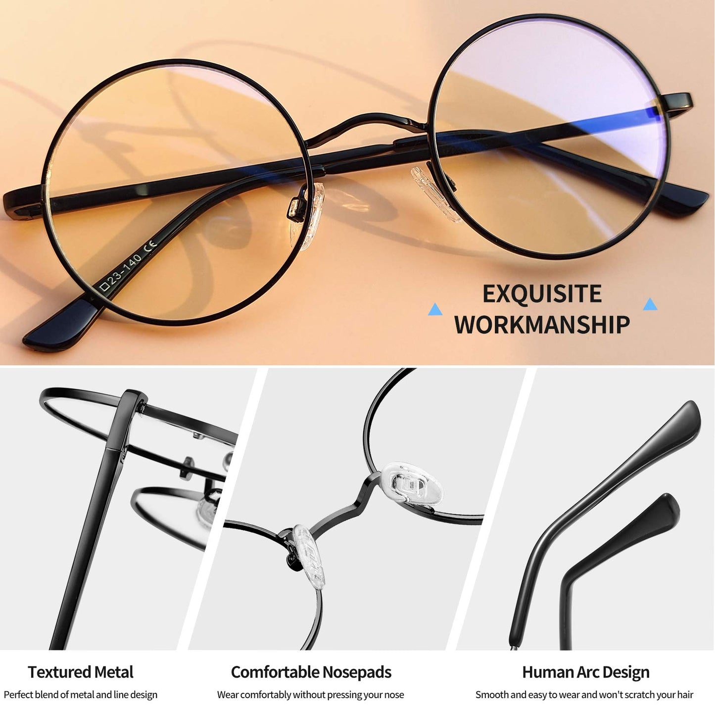 Joopin Round Blue Light Glasses Women Men, Metal Circle Blue Light Blocking Glasses Computer Gaming TV Clear Lens UV400 (Black)