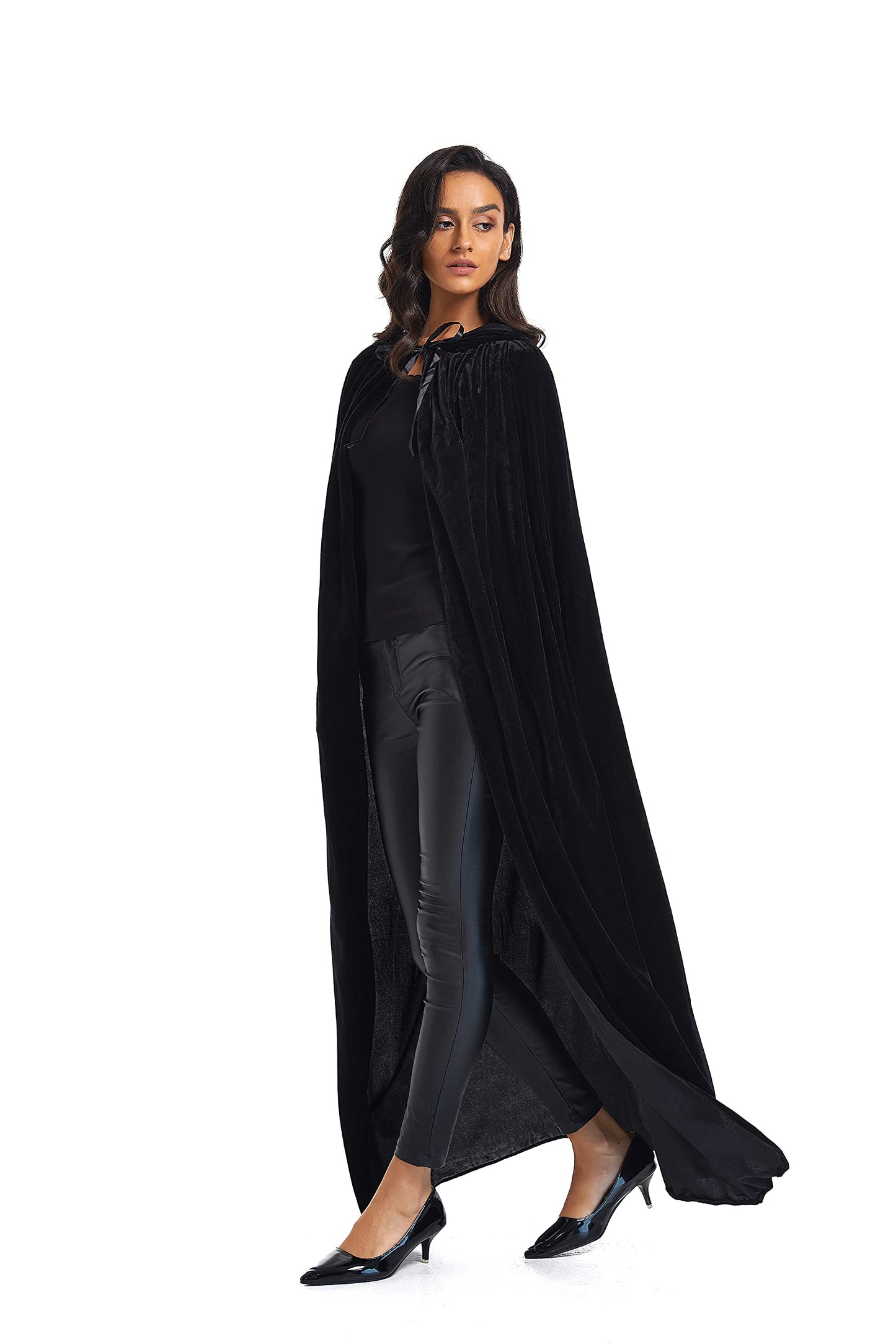 Evlatte Velvet Cloak, Adult Hooded Cloak Velvet Cape Halloween Witch Costume for Men and Women Cosplay Costumes (Black, Large)