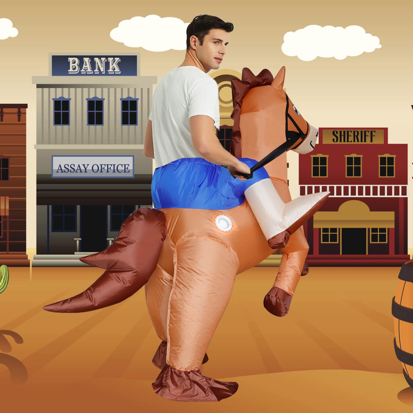 Inflatable Costume Adult Ride On Horse Costumes Cowboy Air Blow Up Funny Riding Horse Suit for Men Women Halloween