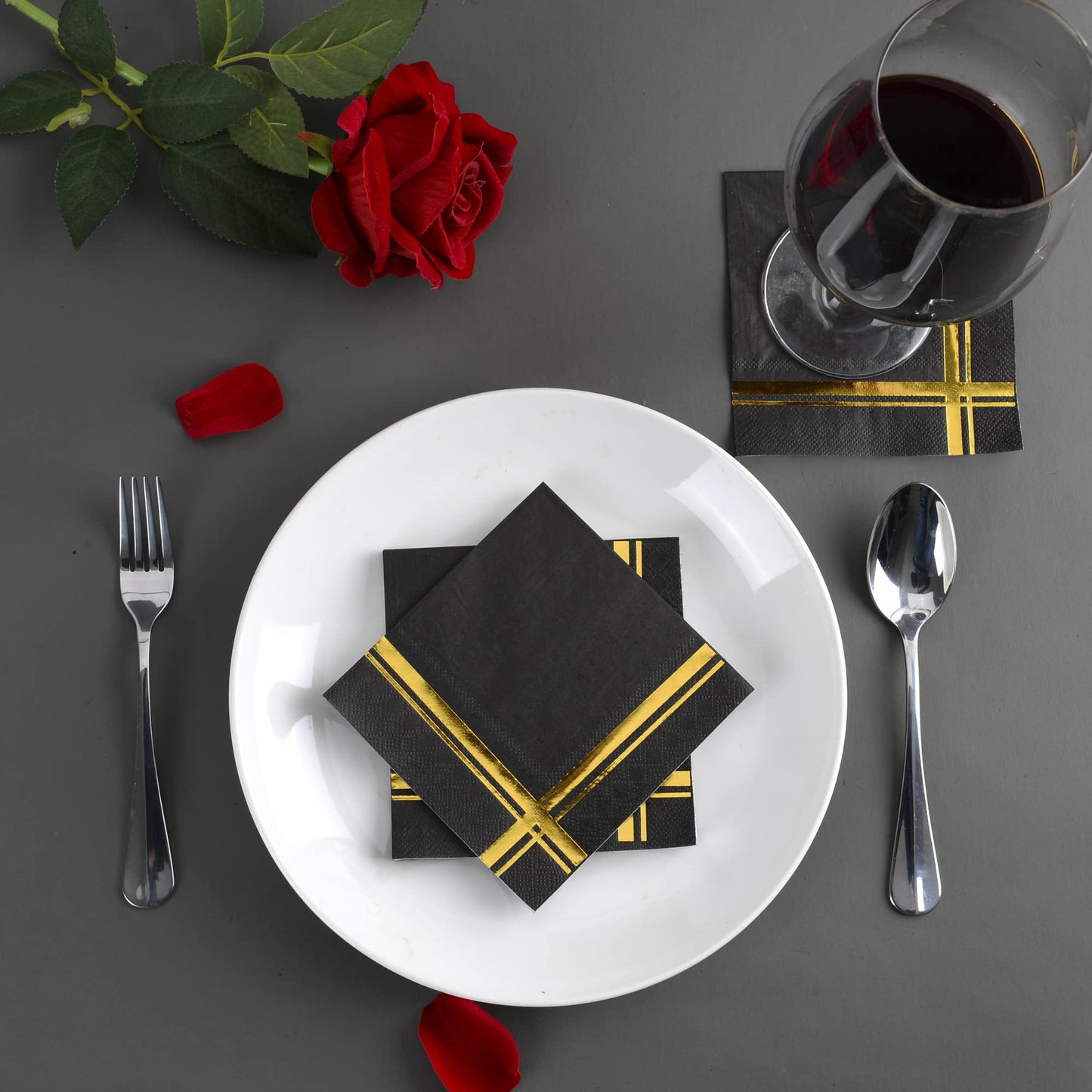 Fanxyware Gold on Black Cocktail Napkins - 100 Pack, 5" x 5", 3-Ply Paper - Style Name: Blissful Crossing
