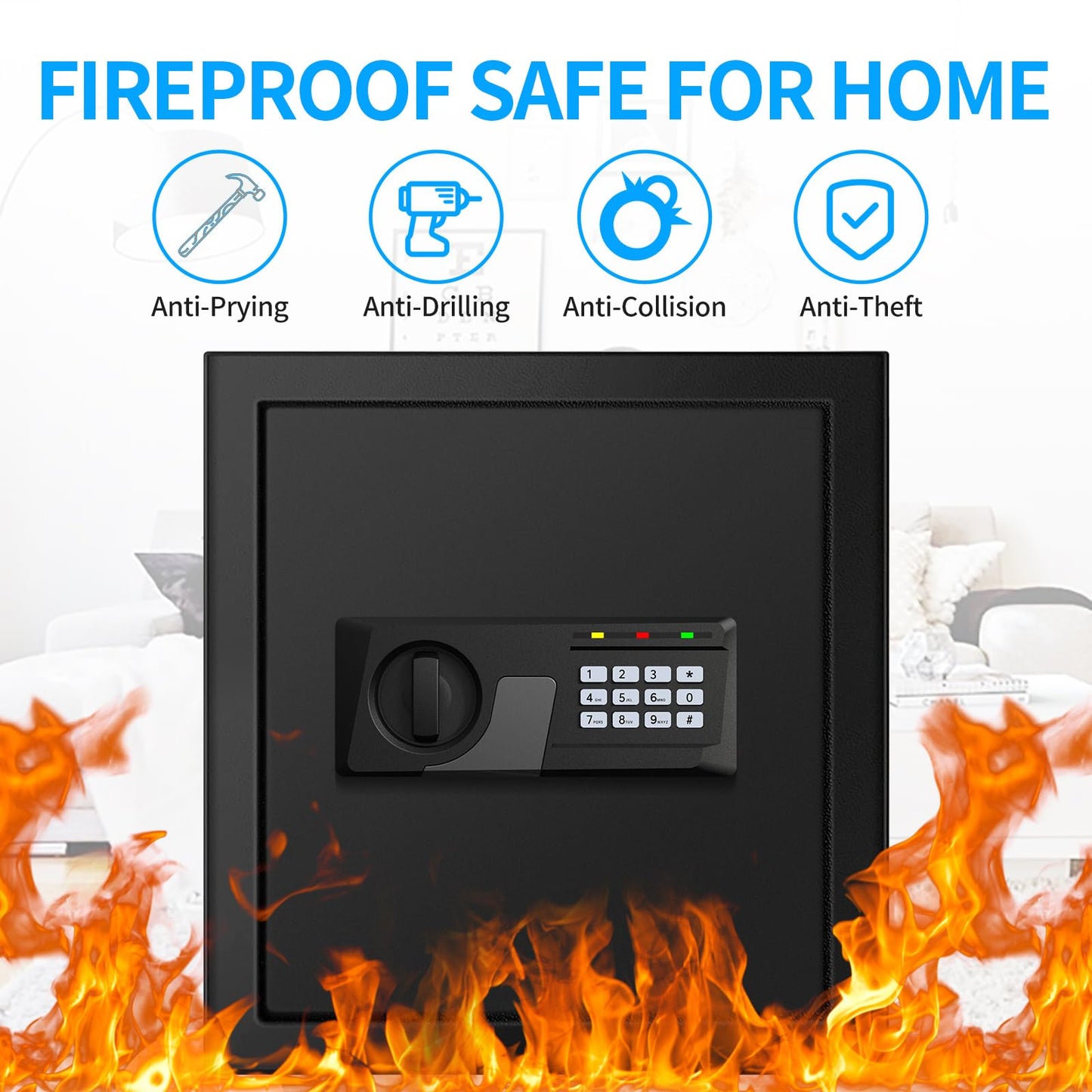 2.3 Cuft Fire proof Safes for HOME USE, Digital Security Safe Box with Programmable Keypad and Spare Keys, Safety Box for Home Office Business, Document Safe for Money Medicine Valuables