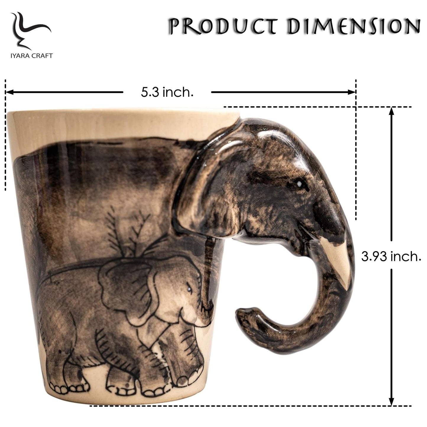 IYARA CRAFT 3D Elephant Mug 11oz – Chubby Handle Design, Handmade Ceramic, Microwave & Dishwasher Safe, Wildlife Coffee Cup, Gift for Animal Lovers, Women, Tea & Hot Chocolate