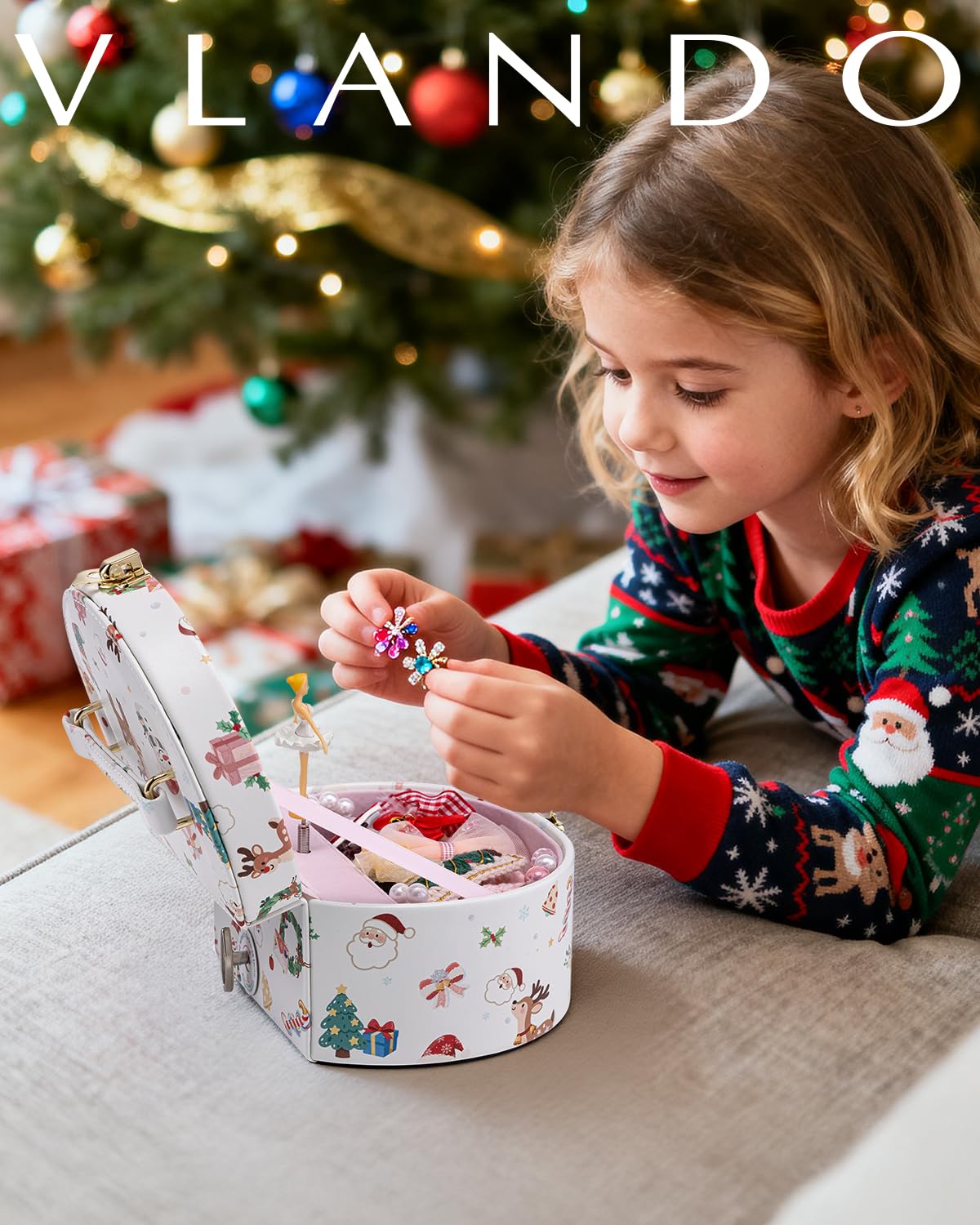Vlando Christmas Gifts for Girl, Musical Jewelry Box for Girls, Small Kid Music Box with Ballerina, Gifts for Girls Kids - Christmas White