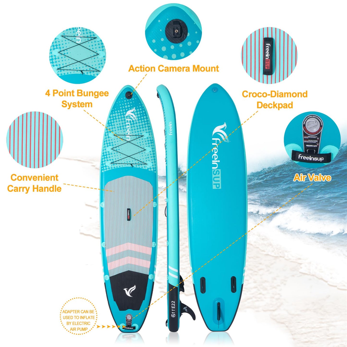 Freein Inflatable Stand Up Paddle Board ,Capacity 2-in-1 SUP/Kayak with Adjustable Seat ,Electric Pump Adapter ,Non-Slip Diamond Deck & Travel Backpack ,for Adults/Fishing/Yoga (Aqua, 11')