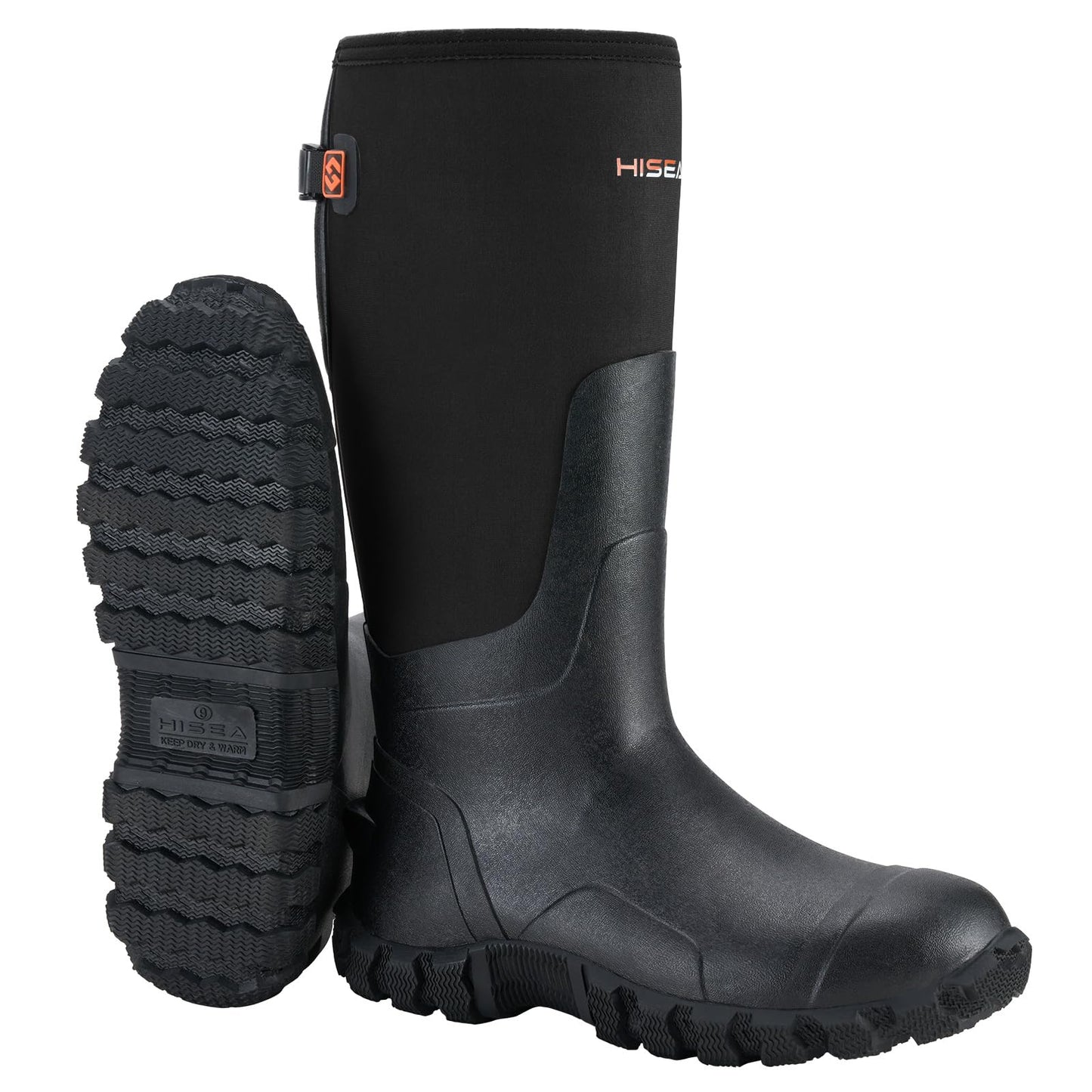 HISEA Upgraded Rain Boots for Men Waterproof Insulated Rubber Boots Outdoor Mud Hunting Boot, Adjustable Calf, Black, 6
