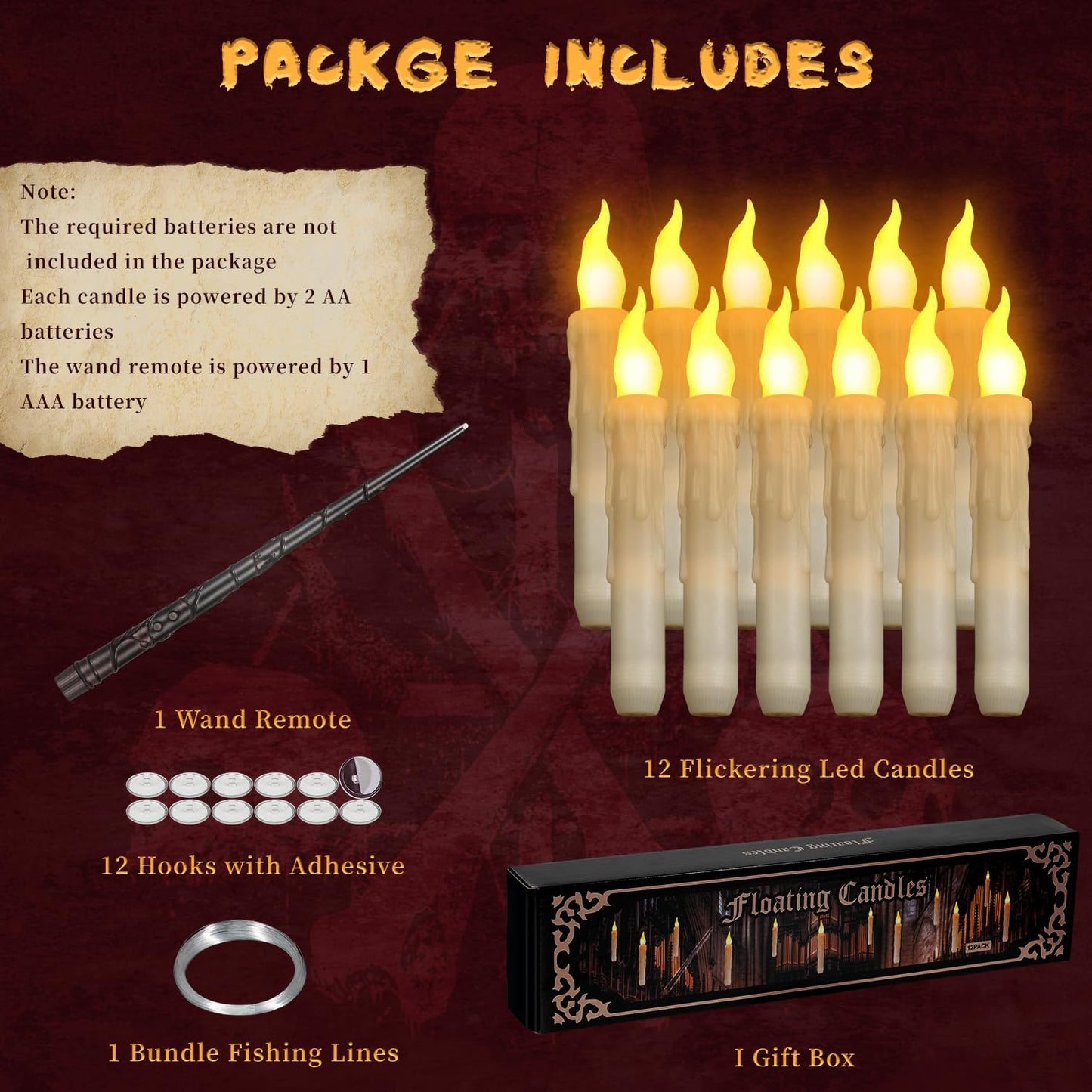 Floating Candles with Wand Remote, Magic Floating Halloween Candles, Flameless LED Flickering Witch Decor Hanging Candles for Halloween Christmas Birthday Party Room Ceiling Decorations, Pack of 12