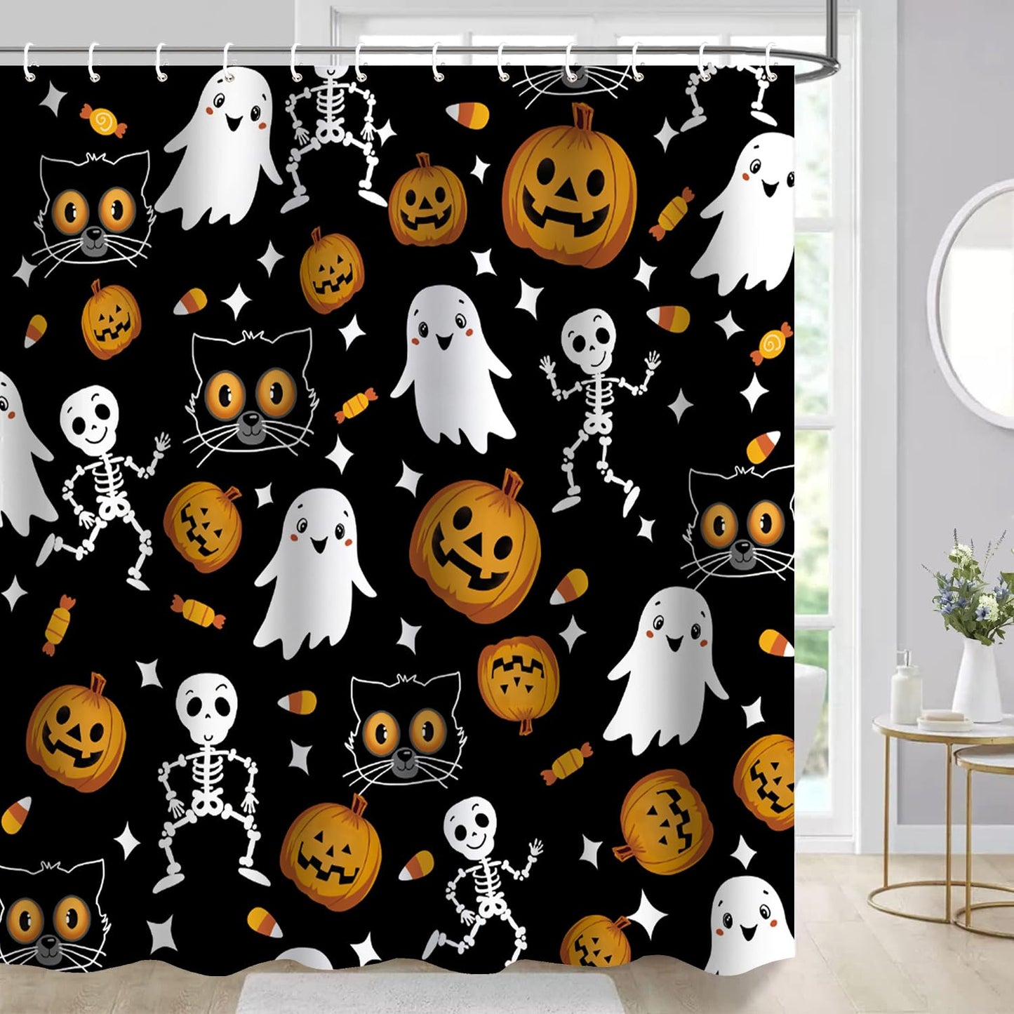 Cnayuep Halloween Shower Curtain, Black Fall Shower Curtains for Bathroom, Horror Skeleton Halloween Curtains Ghost Shower Curtain Set for Bathroom Decor, Waterproof Bathroom Curtain 72"X72"