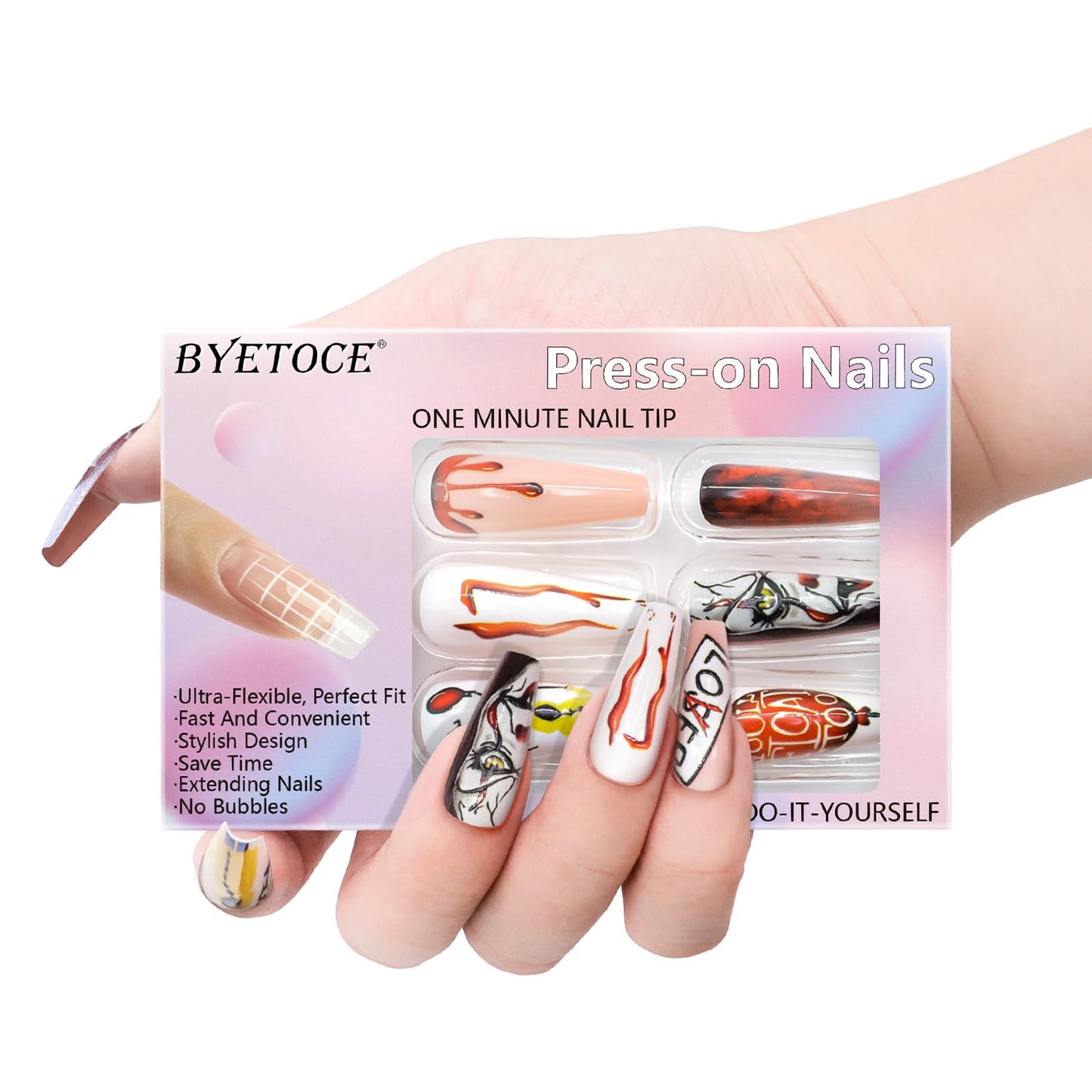 Halloween Press on Nails Long Ballerina Fake Nails Horror Joker and Red Balloon Design False Nails Kit Full Cover Artificial Nails Reusable Glue on Fake Nails Press ons Halloween Manicure 24Pcs