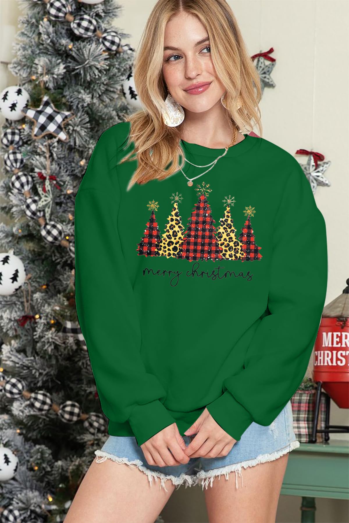 ASTANFY Merry Christmas Sweatshirt for Women Drop Shoulder Long Sleeve Christmas Tree Pullover Lightweight Shirt
