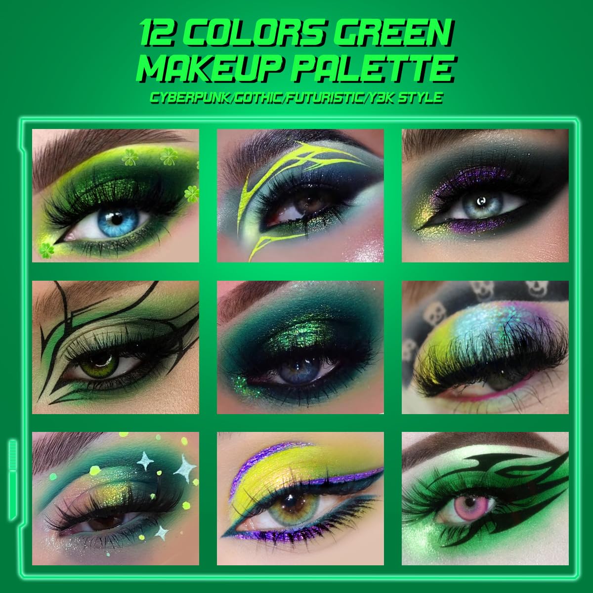 Green Eyeshadow Makeup Palette, 12 Color Green Holographic Glitter Eyeshadow with Matte Shimmer Finish for Hazel Eyes, High Pigment Silky Long Last Neon Yellow Blue Eye Shadow for Daily,Party,Cos,Goth