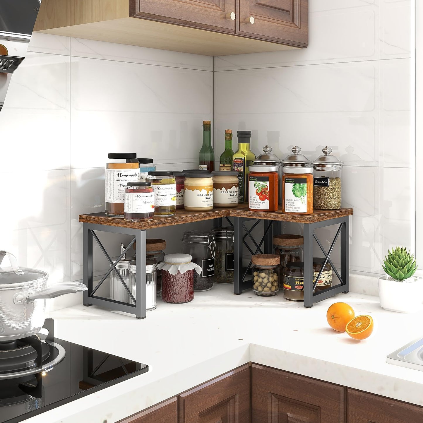 ELITEROO Wood Desktop Shelf, 2 Tier Adjustable Small Bookshelf Organizer, Freestanding Stackable Desk Stand, Storage Organizers, Kitchen Counter Display Rack, Rustic Brown