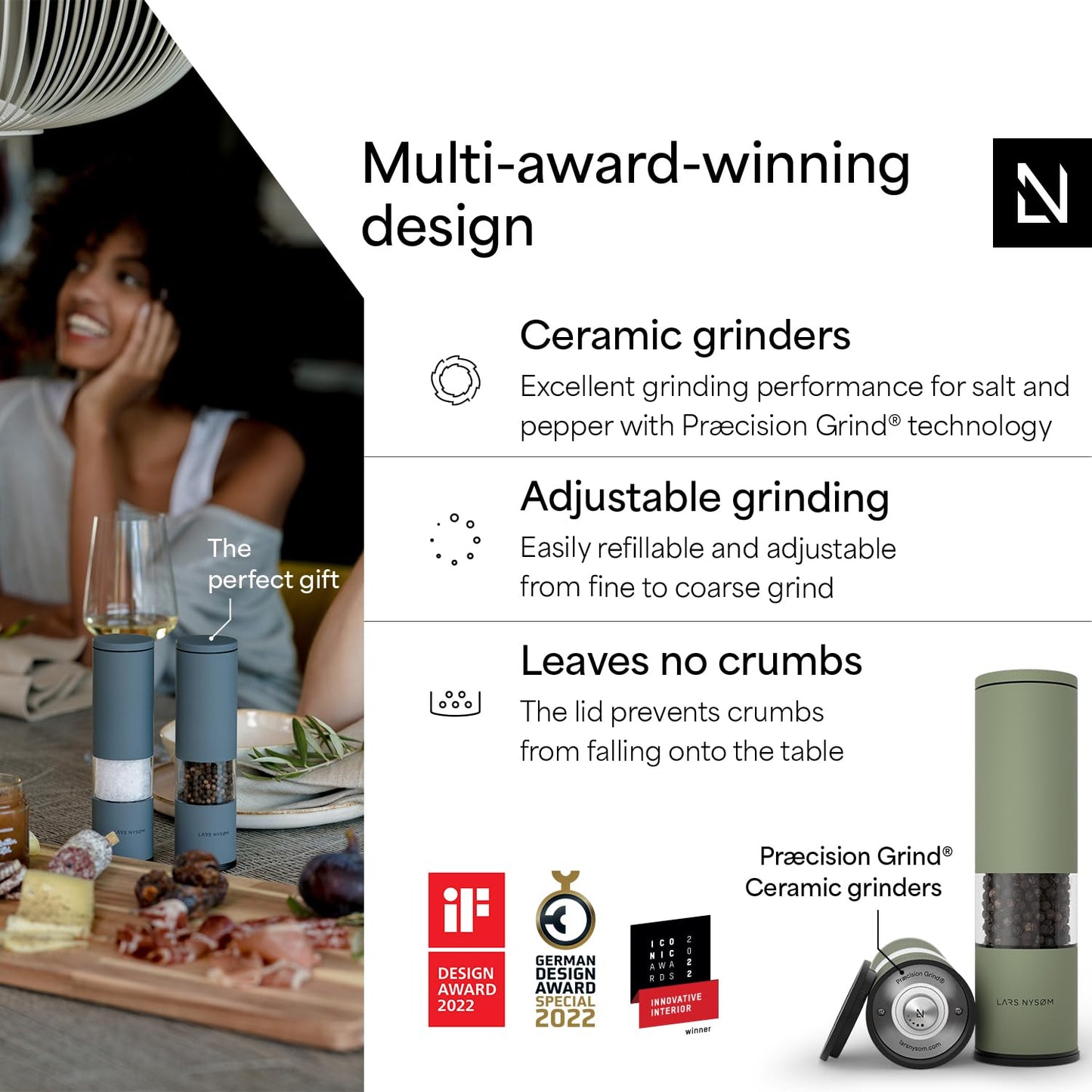 LARS NYSØM Salt and Pepper Grinder Set 2 pieces I Salt Pepper Mill with Adjustable Ceramic Grinder I Design Spice Grinder Set Manual (Sage Green)