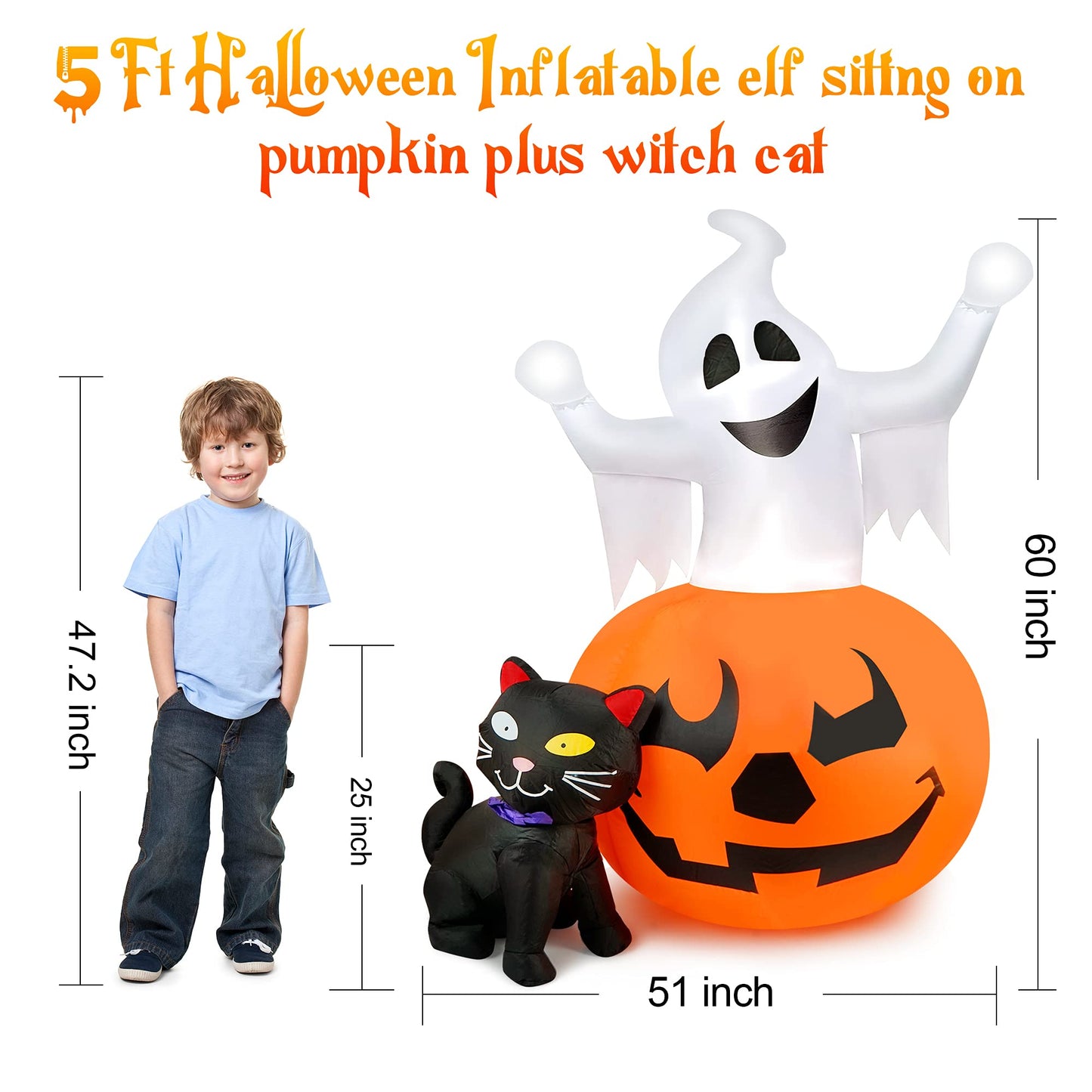 5 FT Halloween Inflatables Outdoor Spooky Pumpkin and Witch' s Black Cat Combo Inflatable Decor, Halloween Blow Up Yard Decorations Clearance with Build-in LED Lights, Halloween Outdoor Decorations