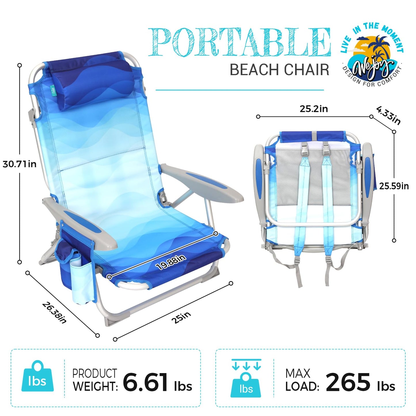 #WEJOY Lightweight Low 2 Pack Beach Chair for Adults, 4-Position Aluminum Folding Camping Chairs with Shoulder Strap, Cup Holder and Padded Headrest, Supports 265lbs for Lawn Outdoor Blue Pattern