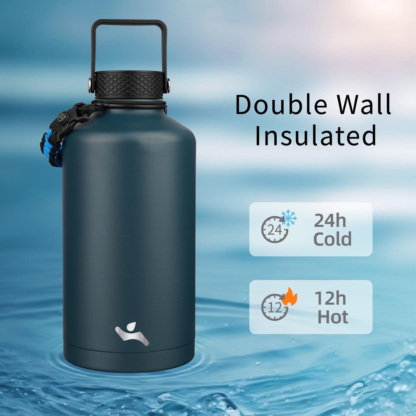 Konokyo Insulated Water Bottle with Straw,87 oz 3 Lids Water Jug with Carrying Bag,Paracord Handle,Double Wall Vacuum Stainless Steel Metal Flask,Navy Blue