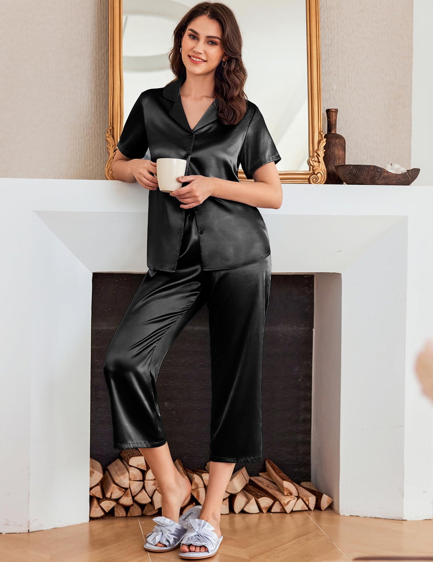 Ekouaer Womens Satin Pajamas Silk Capri Pjs 2 Piece Lounge Sets Short Sleeve Button Down Sleepwear Black Small