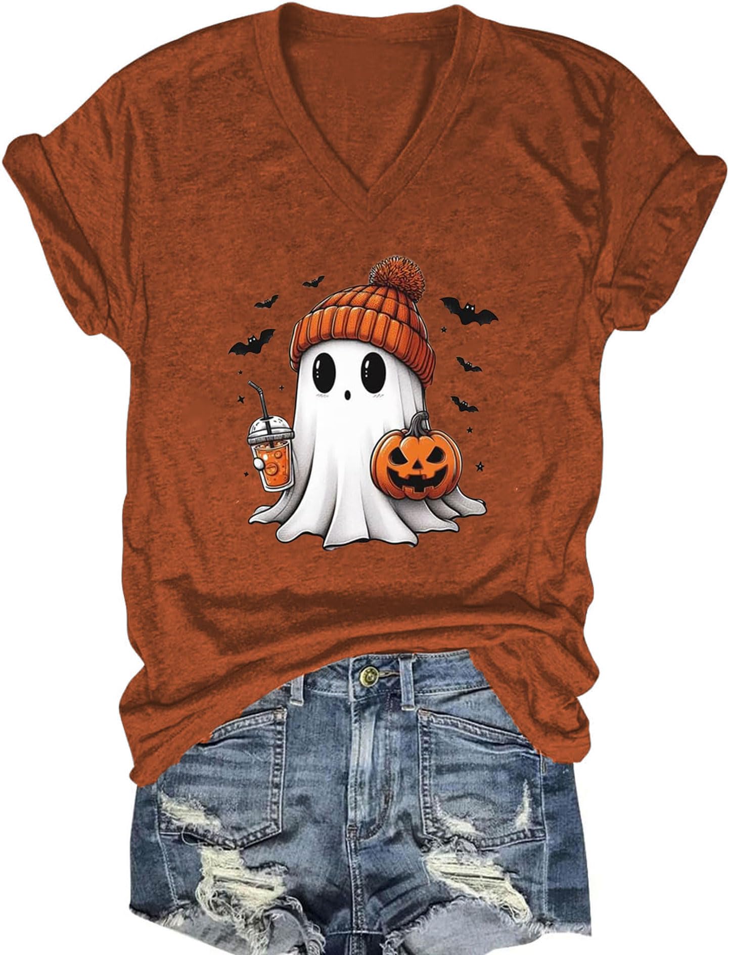 Halloween Ghost V-Neck T-Shirt Women Funny Ghost Pumpkin Graphic Tee Fall Holiday Short Sleeve Shirt Tops Teen Girls(Brown1,M)