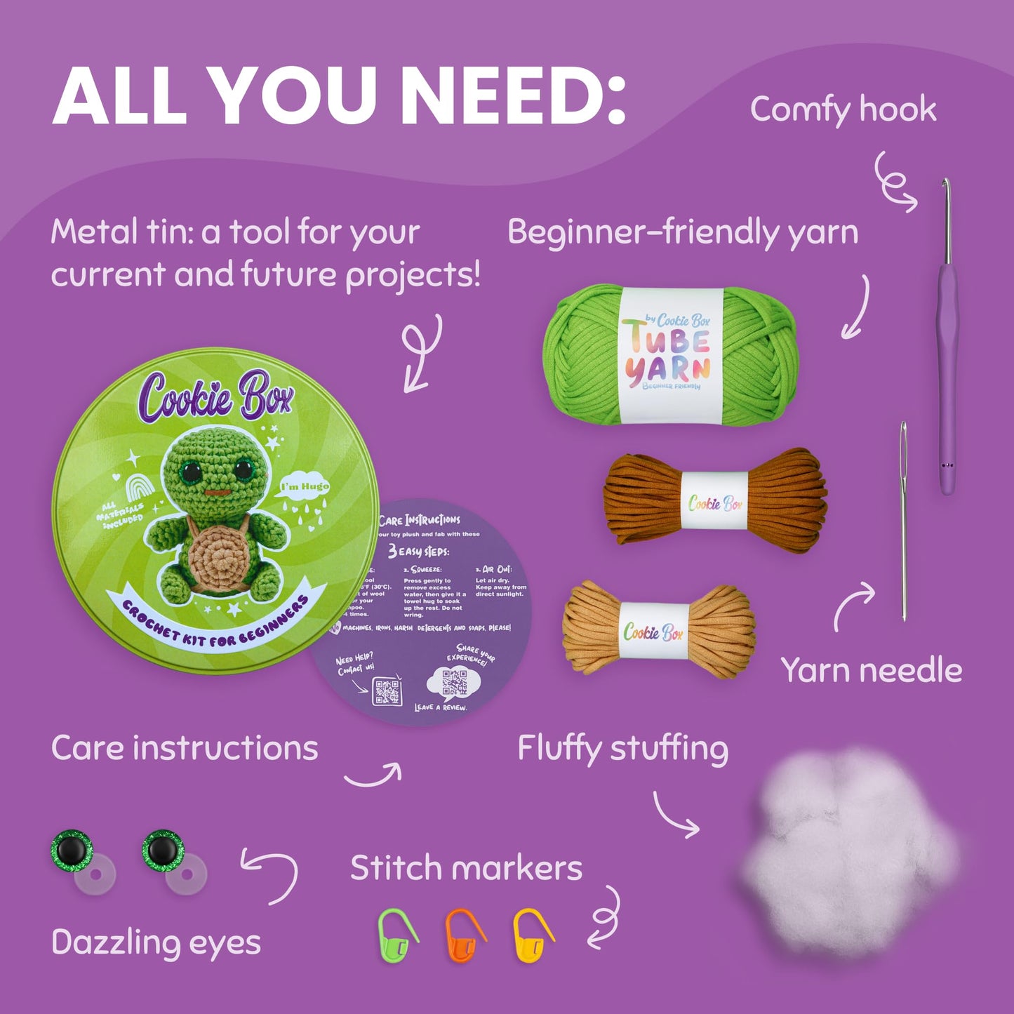 Cookie Box Crochet Kit for Beginners - Learn to Craft Amigurumi Stuffed Animals - Knitting Gift for Kids and Adults - Beginner-Friendly Yarn - Stitch-by-Stitch Video Tutorial - Turtle Hugo