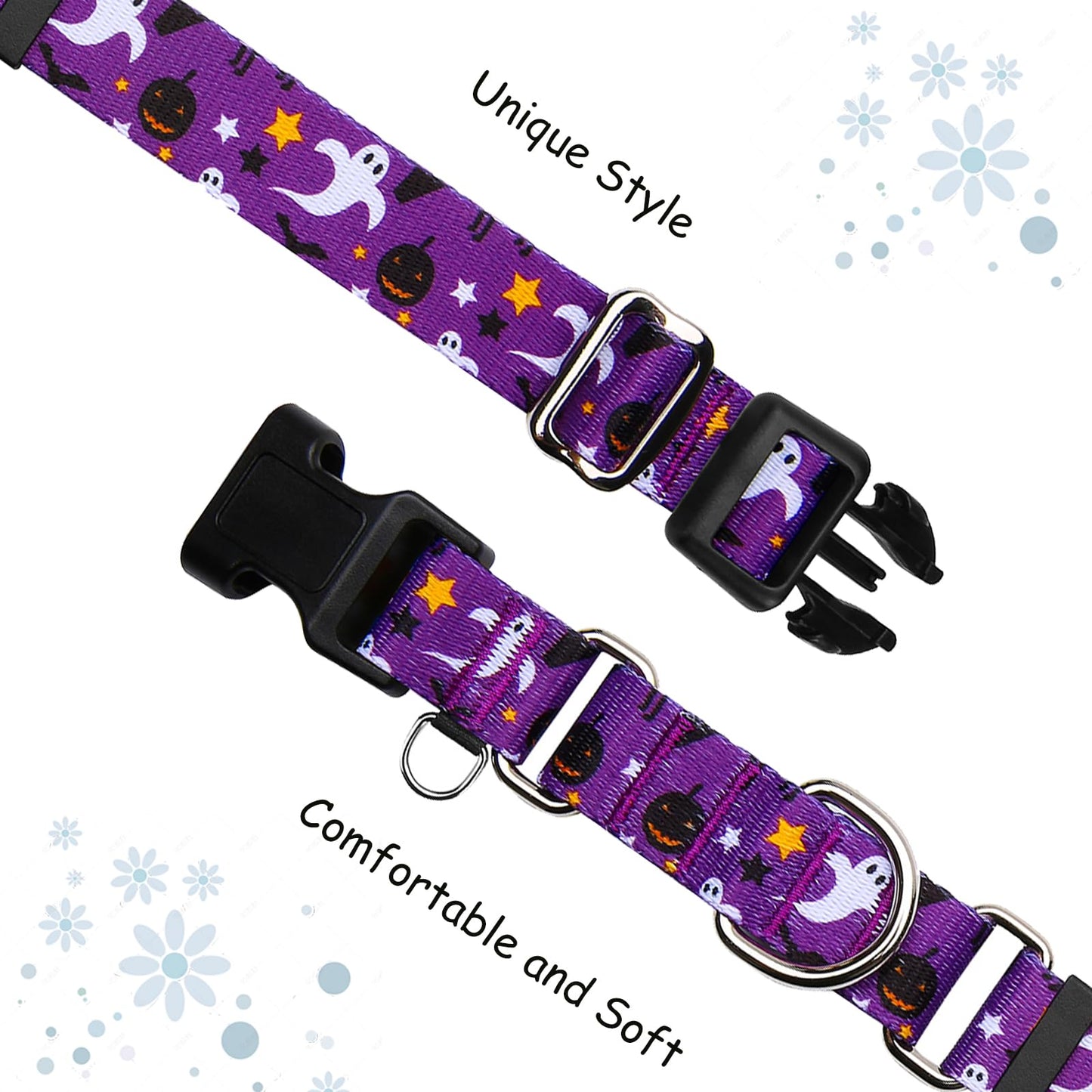 Fidohug Halloween Martingale Collar for Dogs with Buckle Adjustable Holiday Dog Collars (Purple Ghost, Medium)