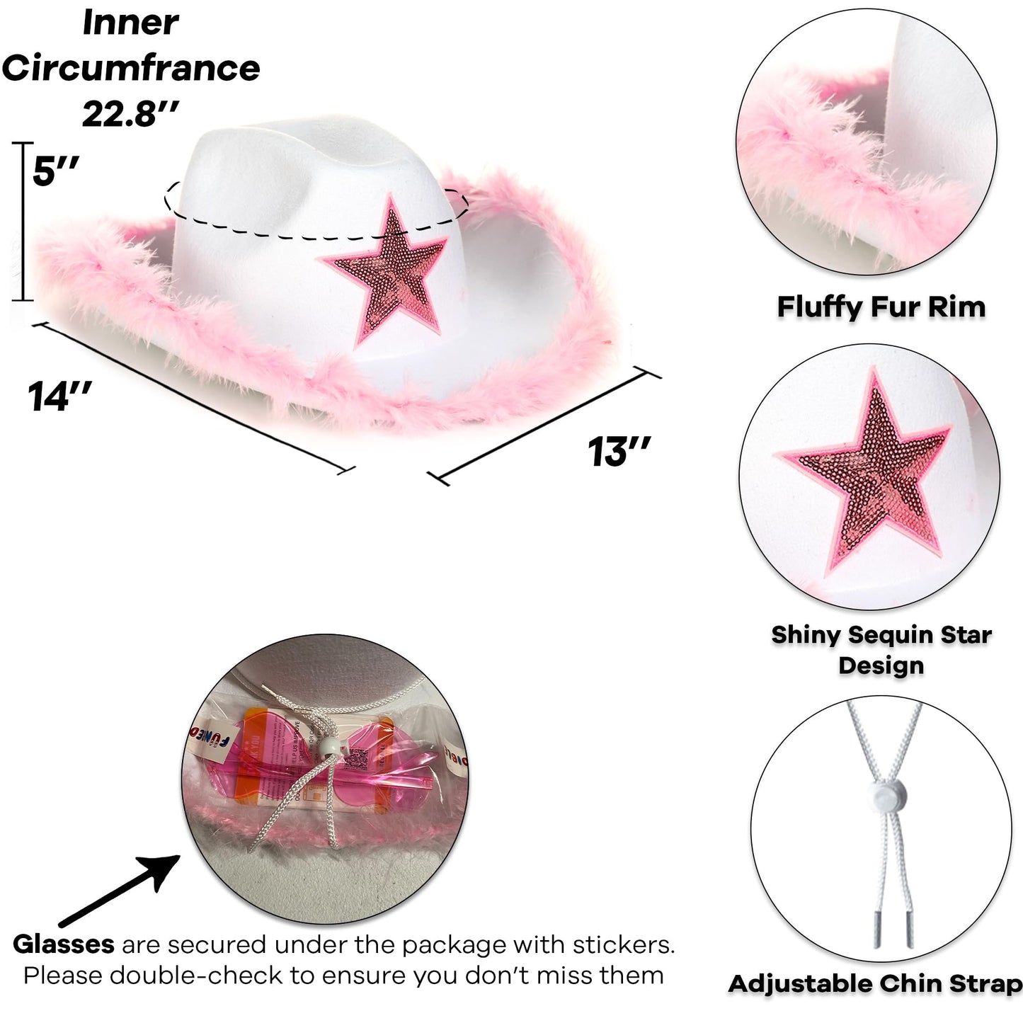 Funcredible White Cowboy Hat and Glasses - Fluffy Cowgirl Hat with Star for Girls - Cowboy Hats with Feathers - Cowgirl Accessories - Halloween Accessories for Women