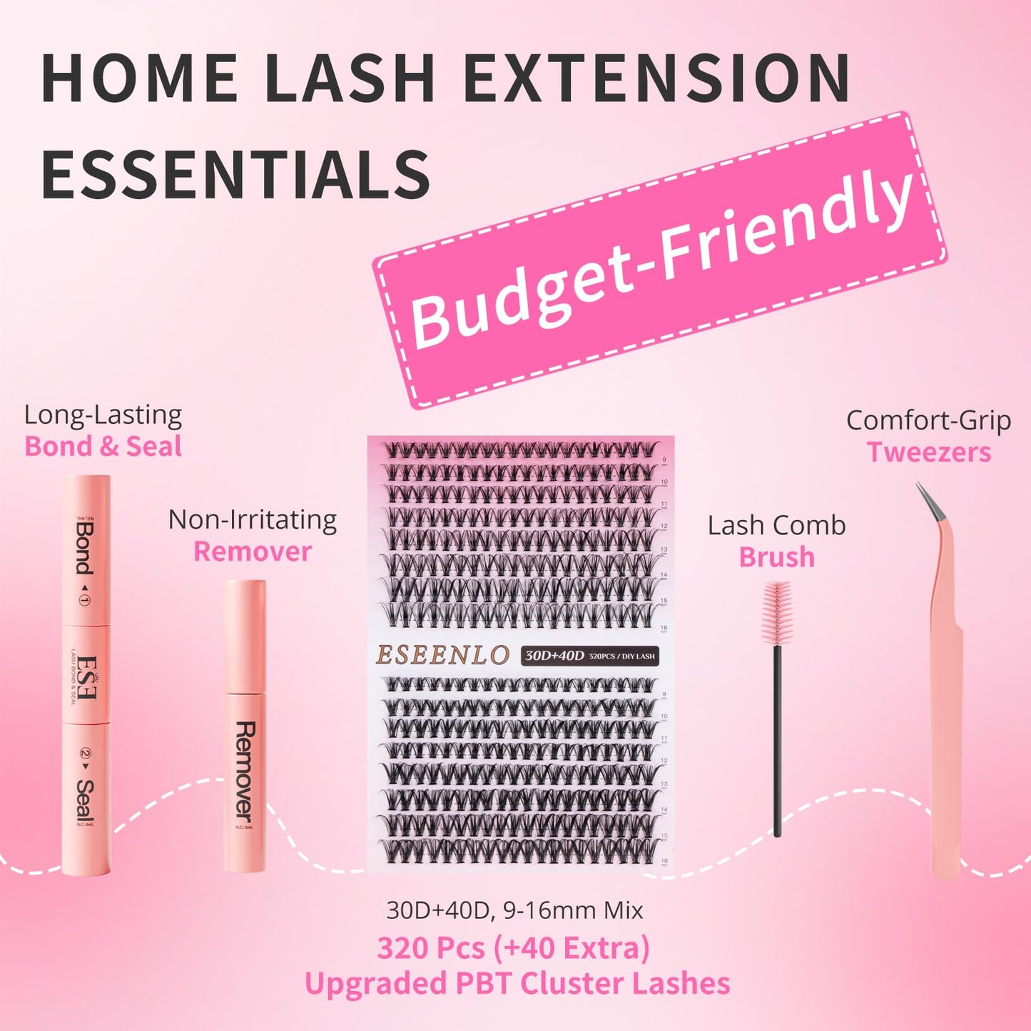 ESEENLO Lash Extension Kit, 320pcs DIY Eyelash Extension Kit 9-16mm Mix, 30D 40D Curl Individual Lash Clusters with Bond, Seal, Remover and Tweezers