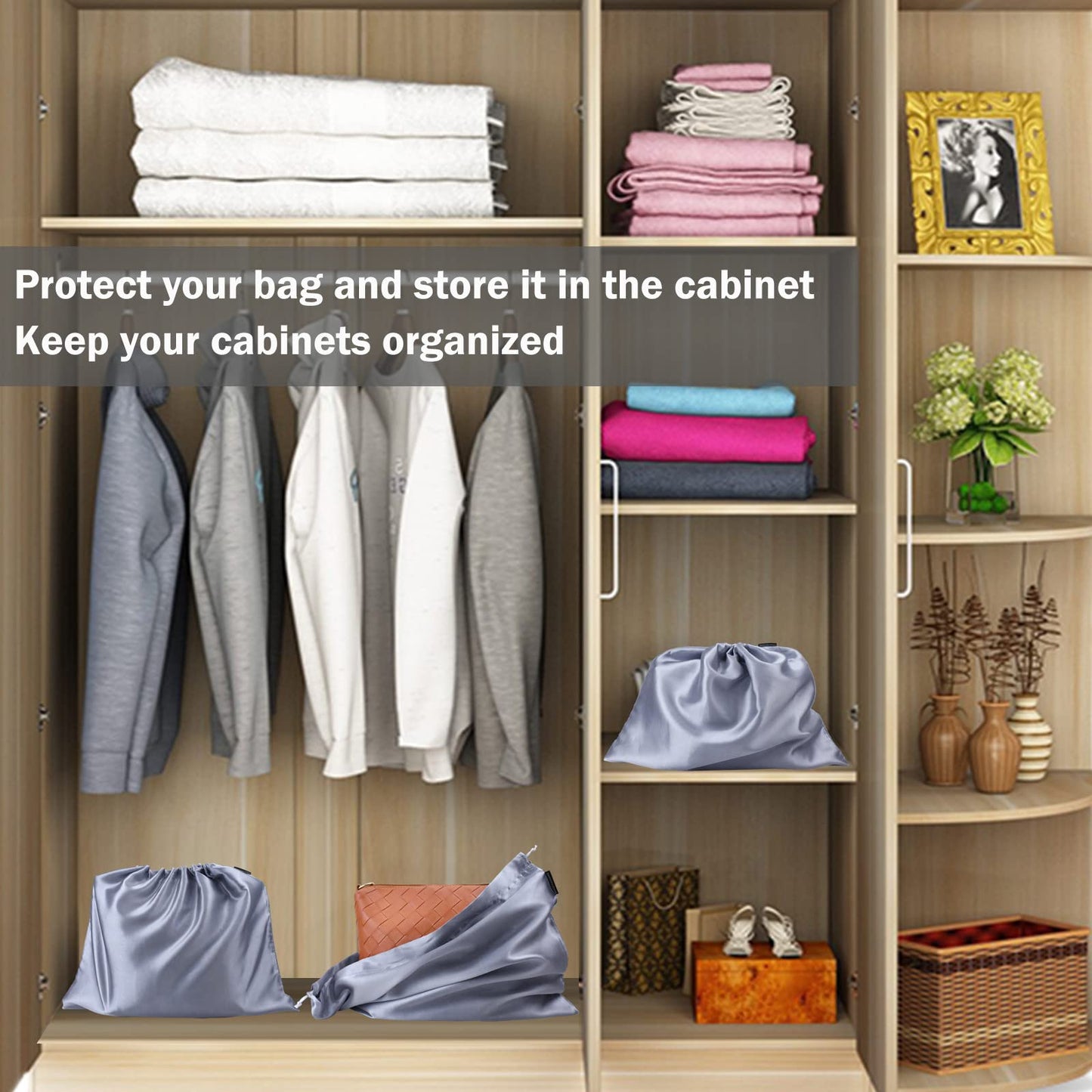 2 Pack Dust Bags for Handbags Silk Dust Cover Bag for Handbags Purses Shoes, Dustproof Drawstring Bag Travel Storage Pouch (Grey)