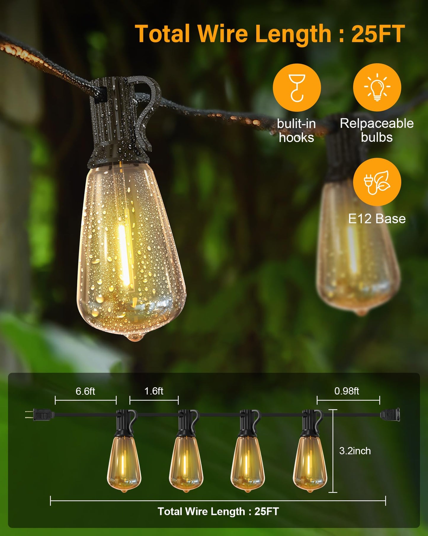 Doukedge Outdoor String Lights Waterproof, 25 Feet Patio Lights with 13 ST38 Edison Bulbs(1 Sqare), Hanging Lights with Plug in Cord for Porch, Blacony, Backyard, Bistro, Garden, 2700K