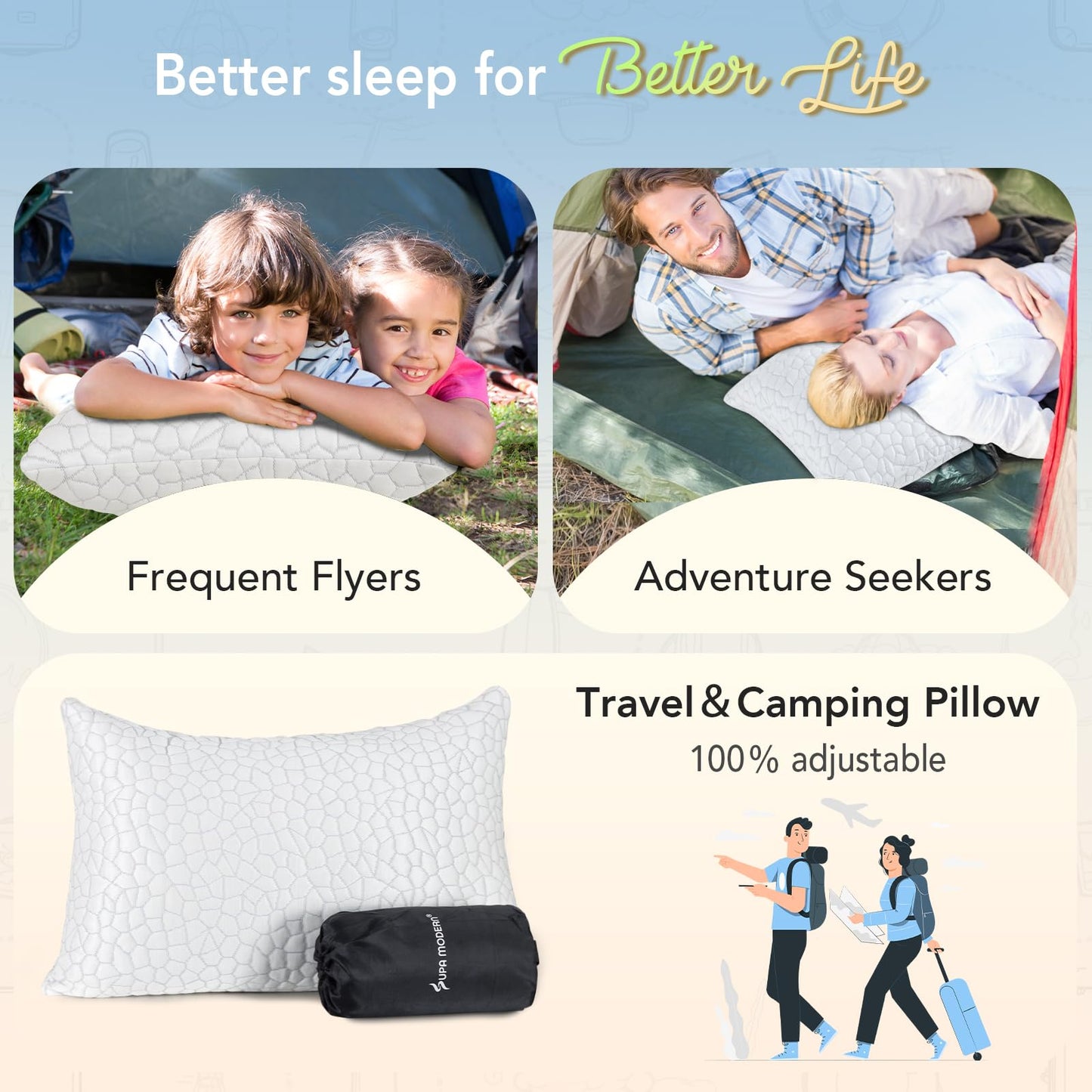 Cooling Bed Pillows for Sleeping 1 Pack Small Shredded Memory Foam Pillow Camping Pillow Travel Pillow - Compressible Medium Firm, Breathable Cover, ldeal Backpacking Hiking, Airplane and Car