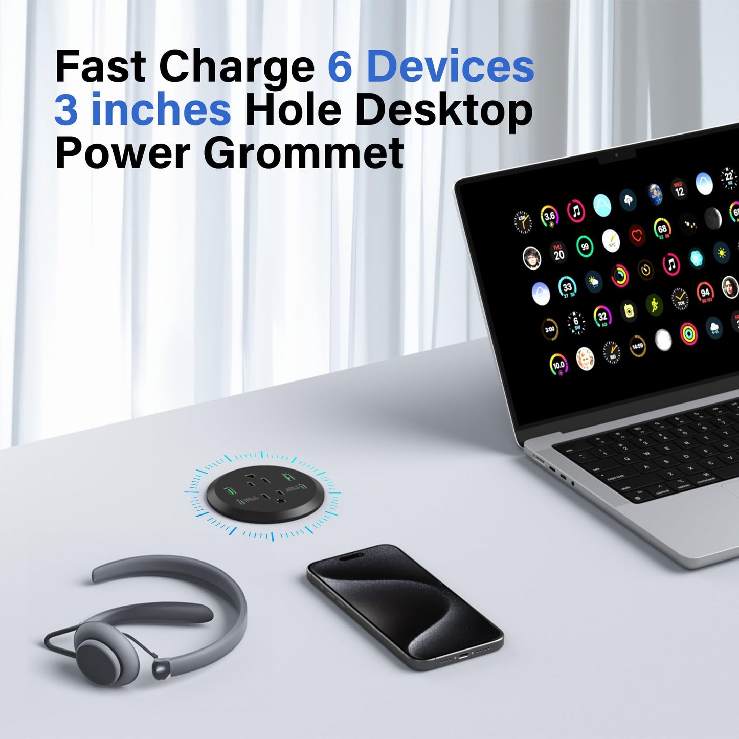 Desktop Power Grommet 3-inch Hole,40W Total Fast Charging Station, 2 PD 20W USB C Port,Flush-Mount Recessed Power Strip, 2 AC Outlets,4 USB Ports,in to The Top of Your Desk,6ft Cord