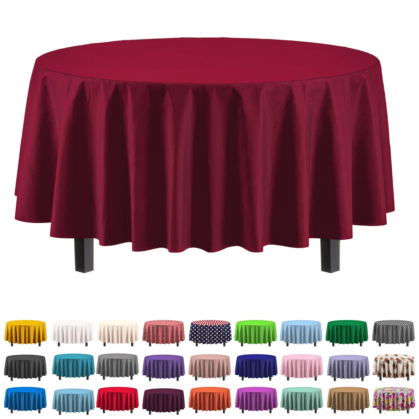 Exquisite 12-Pack Premium Plastic 84-Inch Round Tablecloth, Burgundy