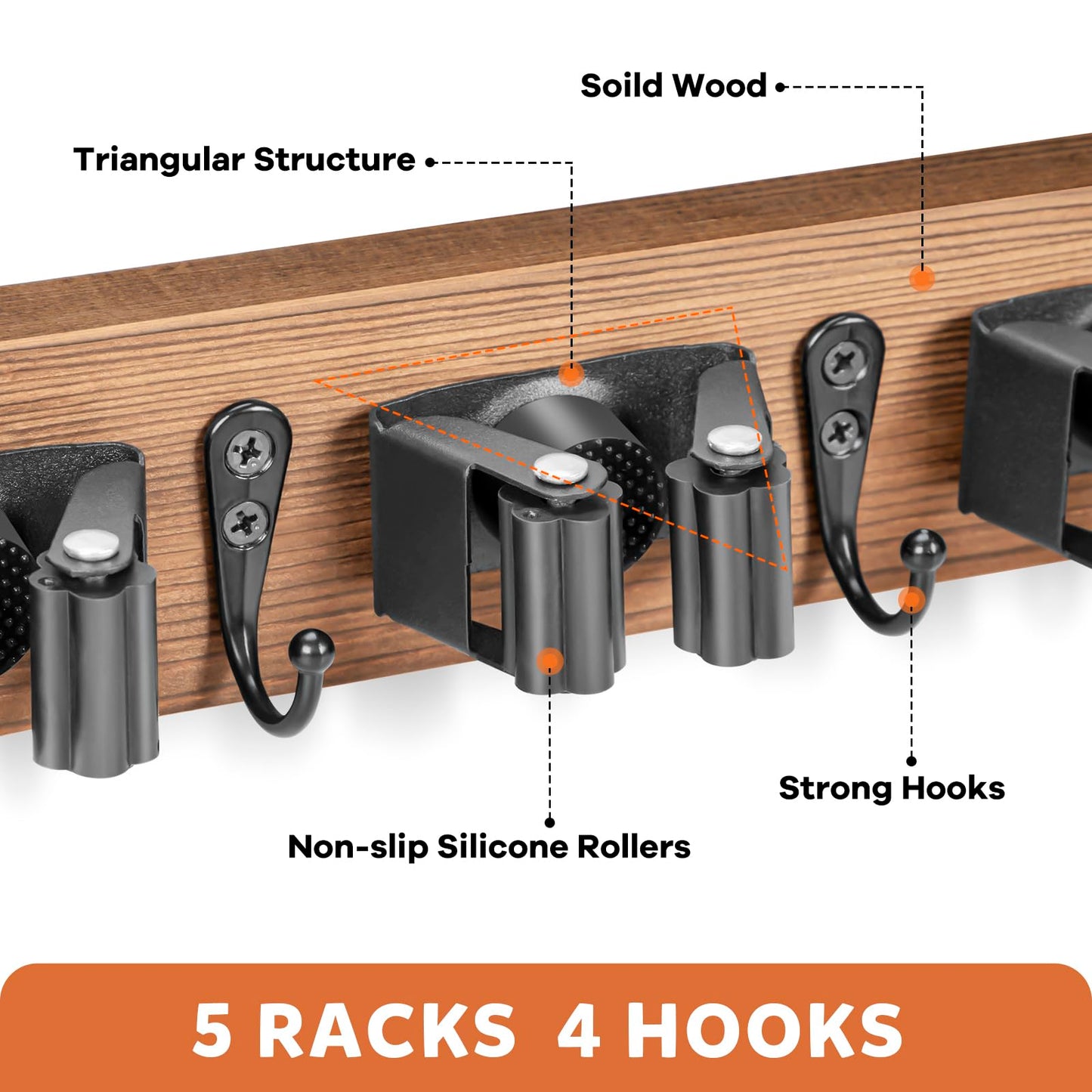 IMILLET Broom Holder Wall Mount, Rustic Wood Broom Hanger with 5 Racks and 4 Hooks, Laundry Room Organization and Storage, Mop Holder for Home Decor, Garden, Garage, Kitchen, Closet