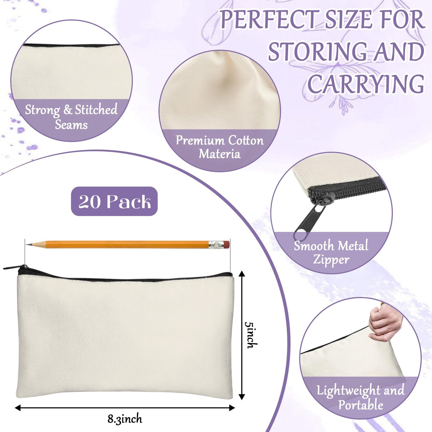 Legigo 20 Pack Blank DIY Craft Bag Canvas Pencil Case Blank Makeup Bags- Beige Canvas Pencil Pouch Bulk Canvas Cosmetic Bag Multi-Purpose Travel Toiletry Bag Canvas Zipper Bags 8.3 × 5 Inch